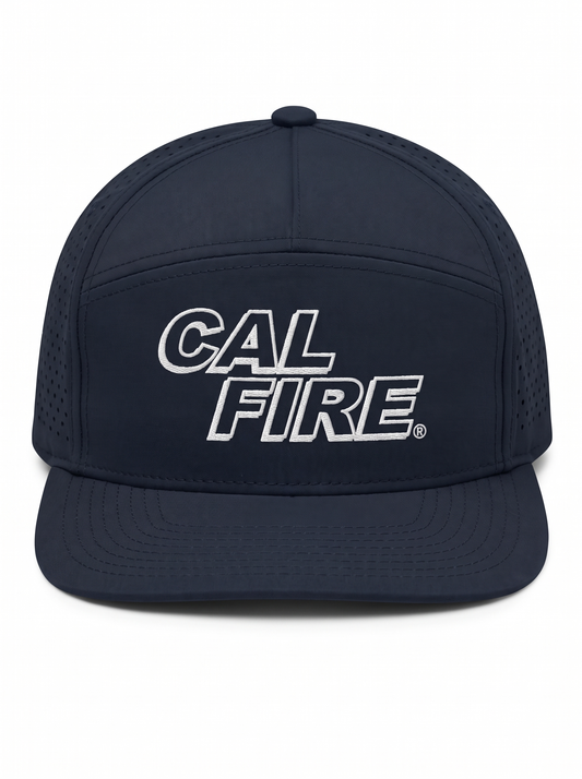 CAL FIRE 7-Panel Performance Hat - White Text, front view, dark navy with white-outline CAL FIRE wordmark (product render)
