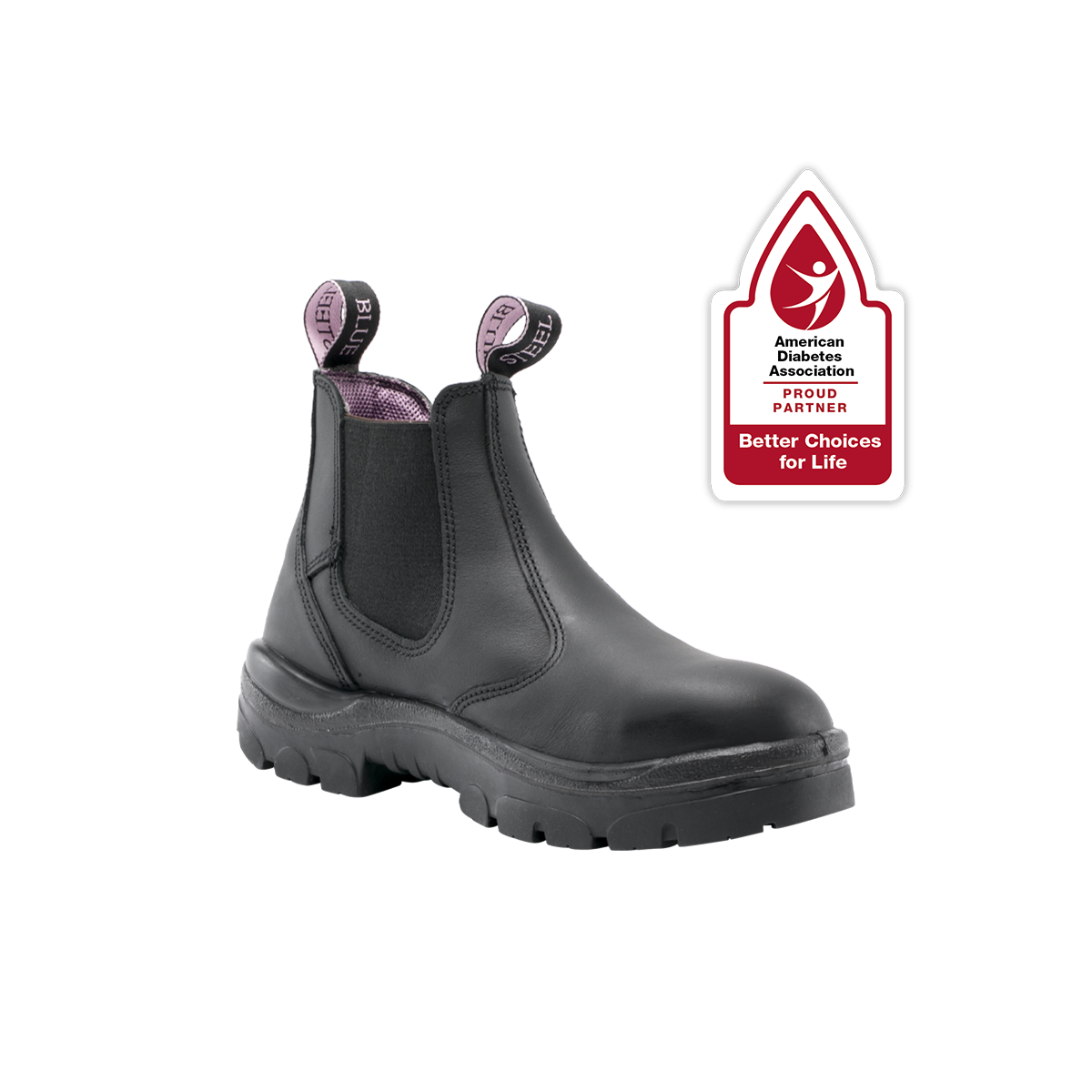 Steel Blue Hobart ladies' soft-toe slip-on chelsea work boot in black, displayed alongside the American Diabetes Association Better Choices for Life partner badge.