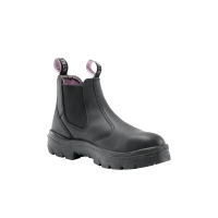Steel Blue Hobart ladies' steel-toe slip-on chelsea work boot — front-three-quarter product photo in black full-grain leather, women's last with rounded toe profile.