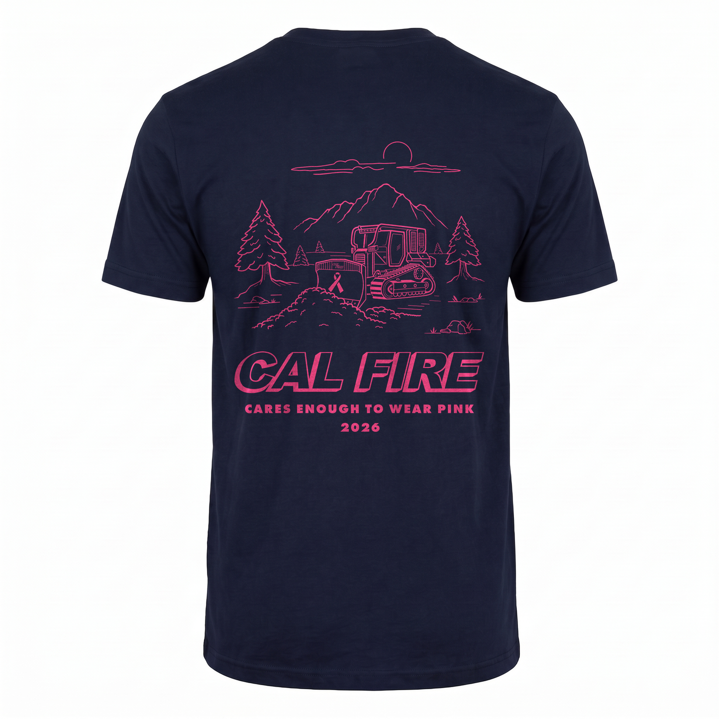CAL FIRE Cares Mens DFND Short Sleeve Shirt - navy, back view with the full pink CAL FIRE Cares Enough to Wear Pink 2026 dozer design