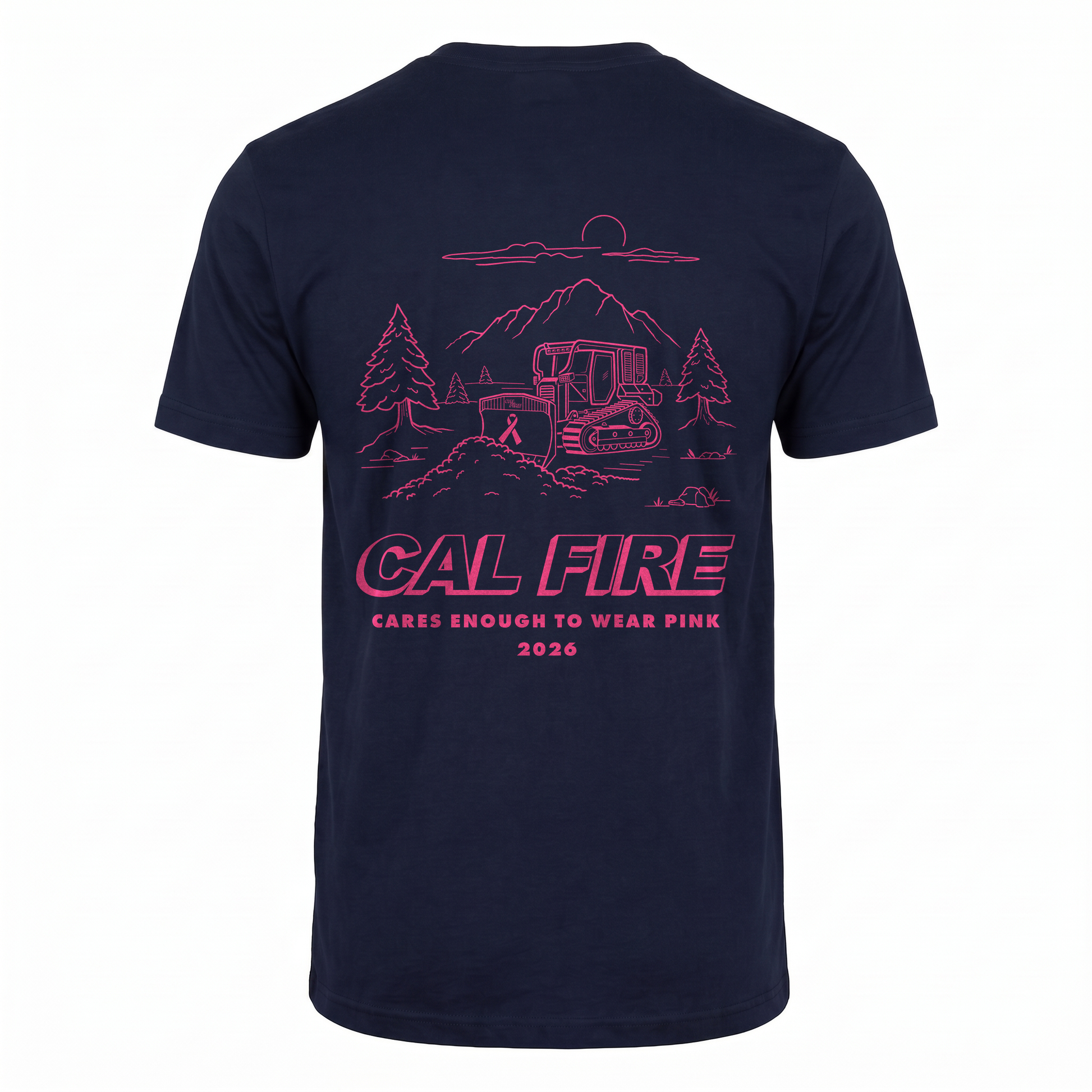 CAL FIRE Cares Mens DFND Short Sleeve Shirt - navy, back view with the full pink CAL FIRE Cares Enough to Wear Pink 2026 dozer design