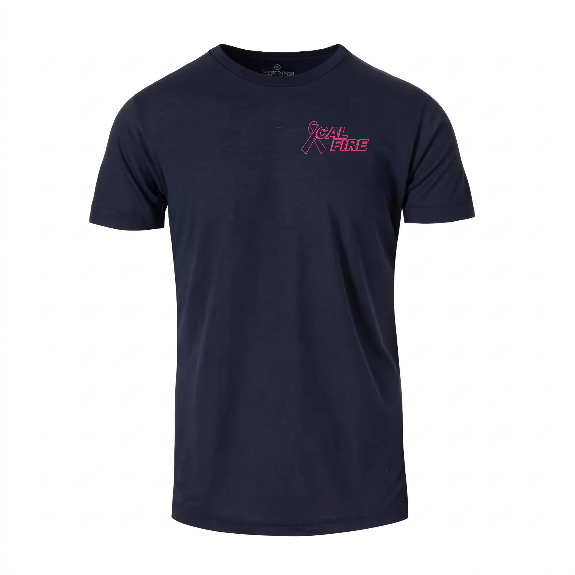 CAL FIRE Cares Mens DFND Short Sleeve Shirt - navy, front view with the pink CAL FIRE Cares Enough to Wear Pink left-chest logo