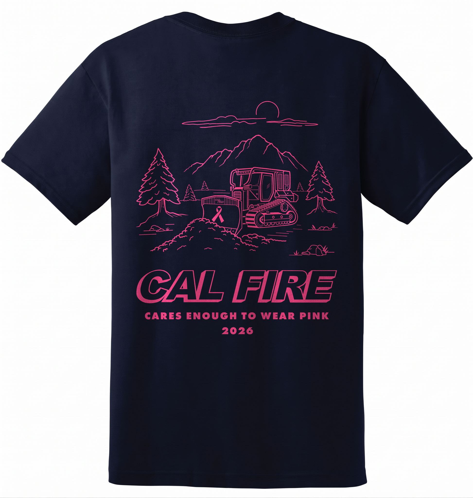 CAL FIRE Cares Womens DFND Short Sleeve Shirt - navy, back view with the full pink CAL FIRE Cares Enough to Wear Pink 2026 dozer design