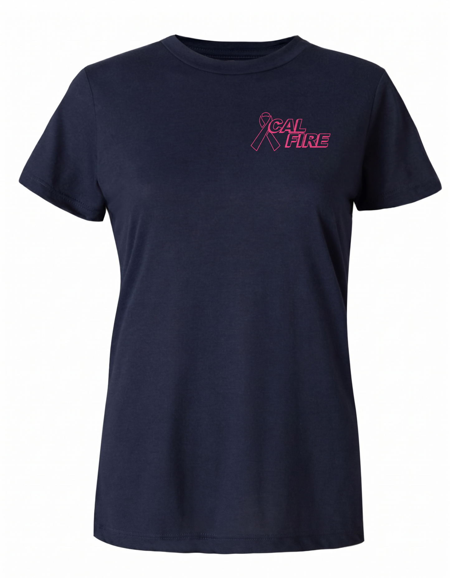 CAL FIRE Cares Womens DFND Short Sleeve Shirt - navy, front view with the pink CAL FIRE Cares Enough to Wear Pink left-chest logo