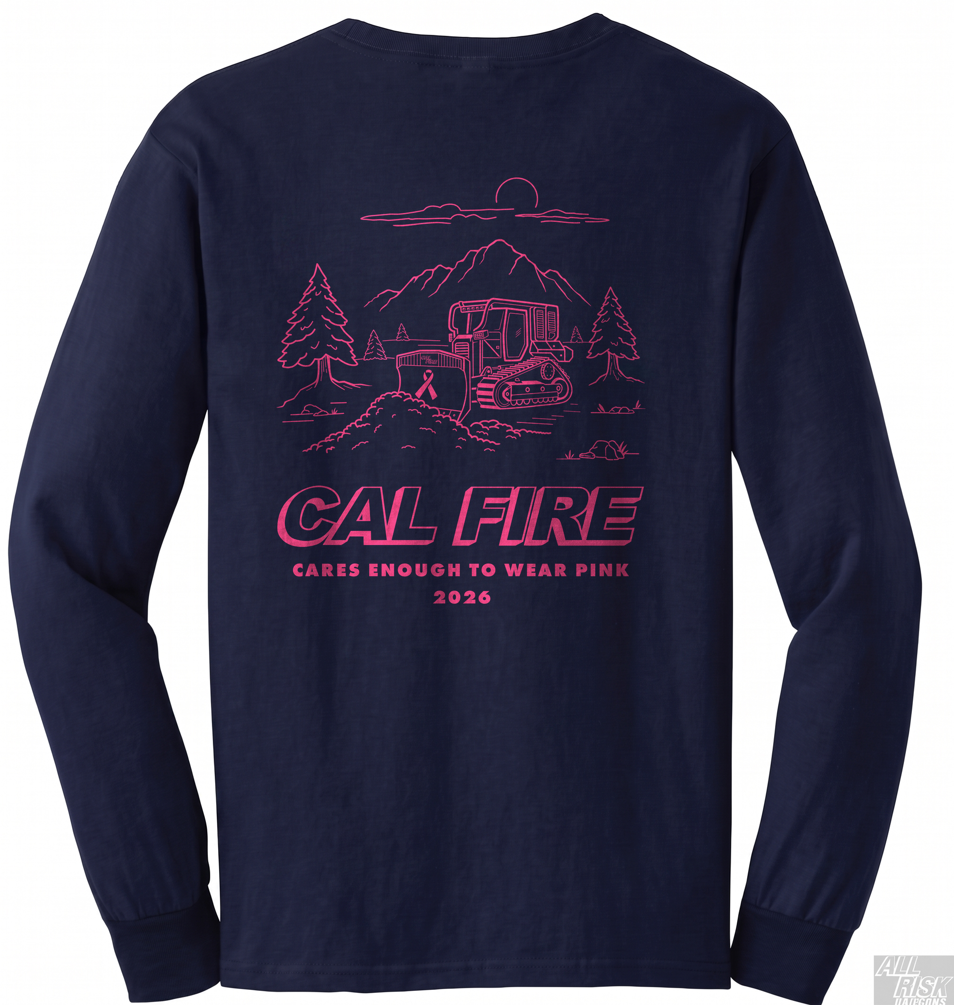 CAL FIRE Cares Mens DFND Long Sleeve Shirt - navy, back view with the full pink CAL FIRE Cares Enough to Wear Pink 2026 dozer design