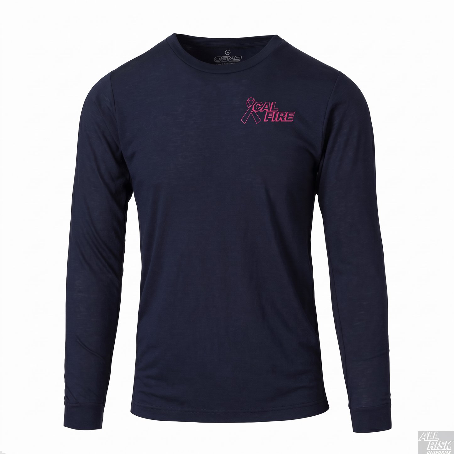 CAL FIRE Cares Mens DFND Long Sleeve Shirt - navy, front view with the pink CAL FIRE Cares Enough to Wear Pink left-chest logo