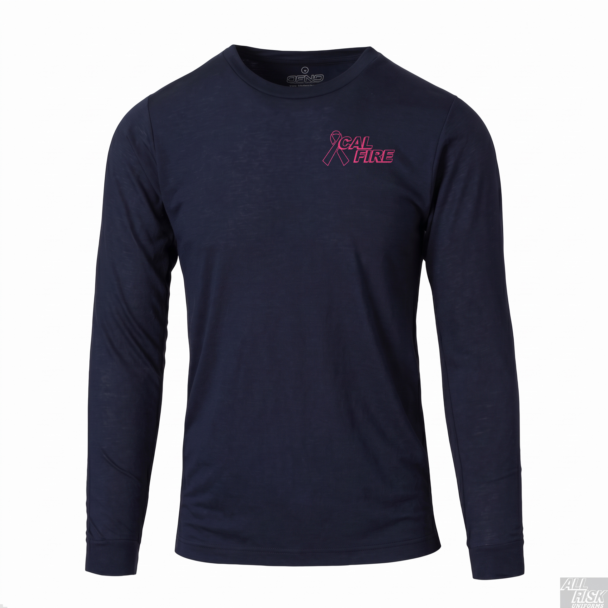 CAL FIRE Cares Mens DFND Long Sleeve Shirt - navy, front view with the pink CAL FIRE Cares Enough to Wear Pink left-chest logo