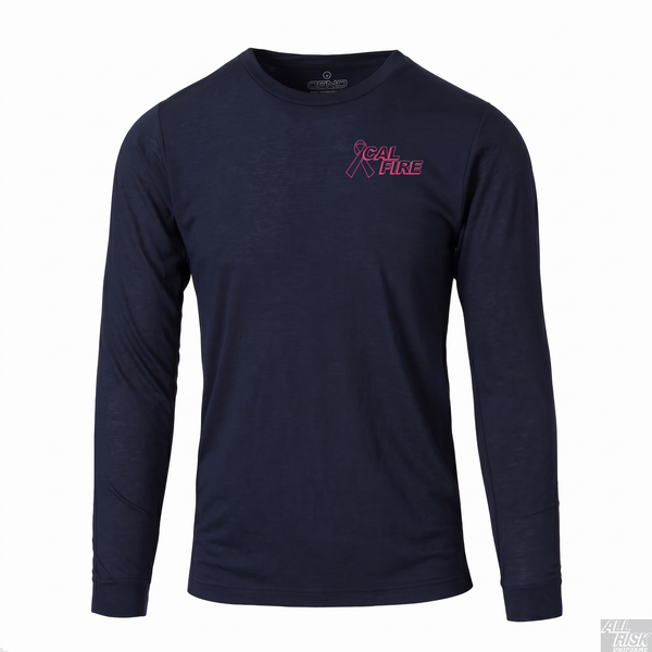 CAL FIRE Cares Mens DFND Long Sleeve Shirt - navy, front view with the pink CAL FIRE Cares Enough to Wear Pink left-chest logo