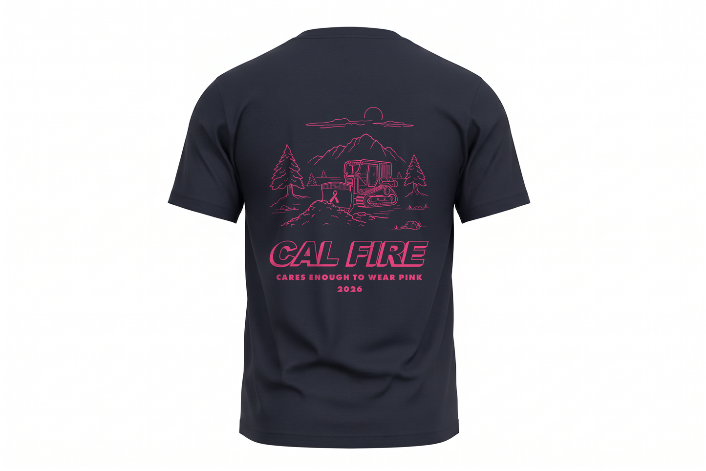 CAL FIRE Cares Premium Cotton Short Sleeve Shirt By First Tactical - navy, back view with the full pink CAL FIRE Cares Enough to Wear Pink 2026 dozer design