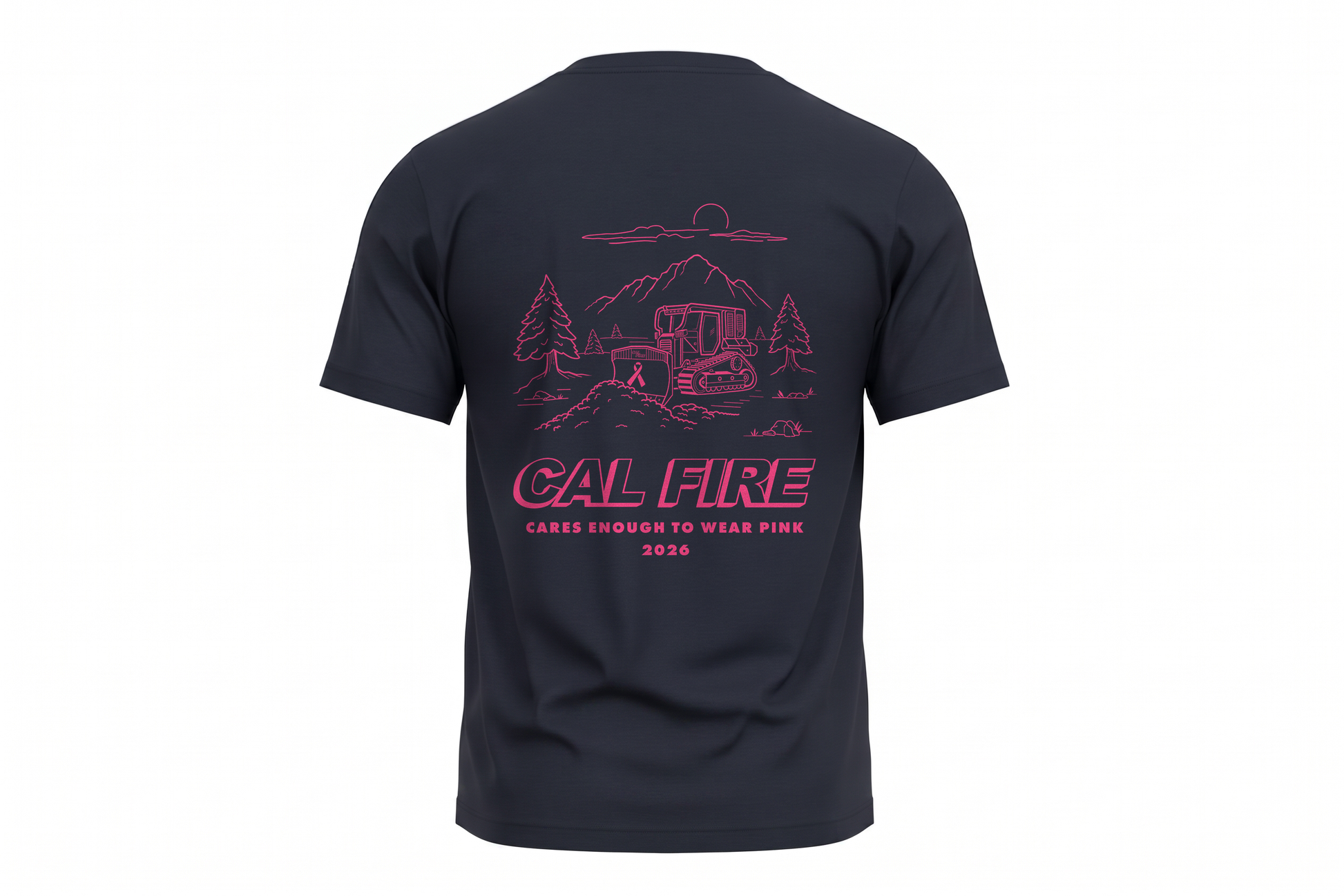CAL FIRE Cares Premium Cotton Short Sleeve Shirt By First Tactical - navy, back view with the full pink CAL FIRE Cares Enough to Wear Pink 2026 dozer design