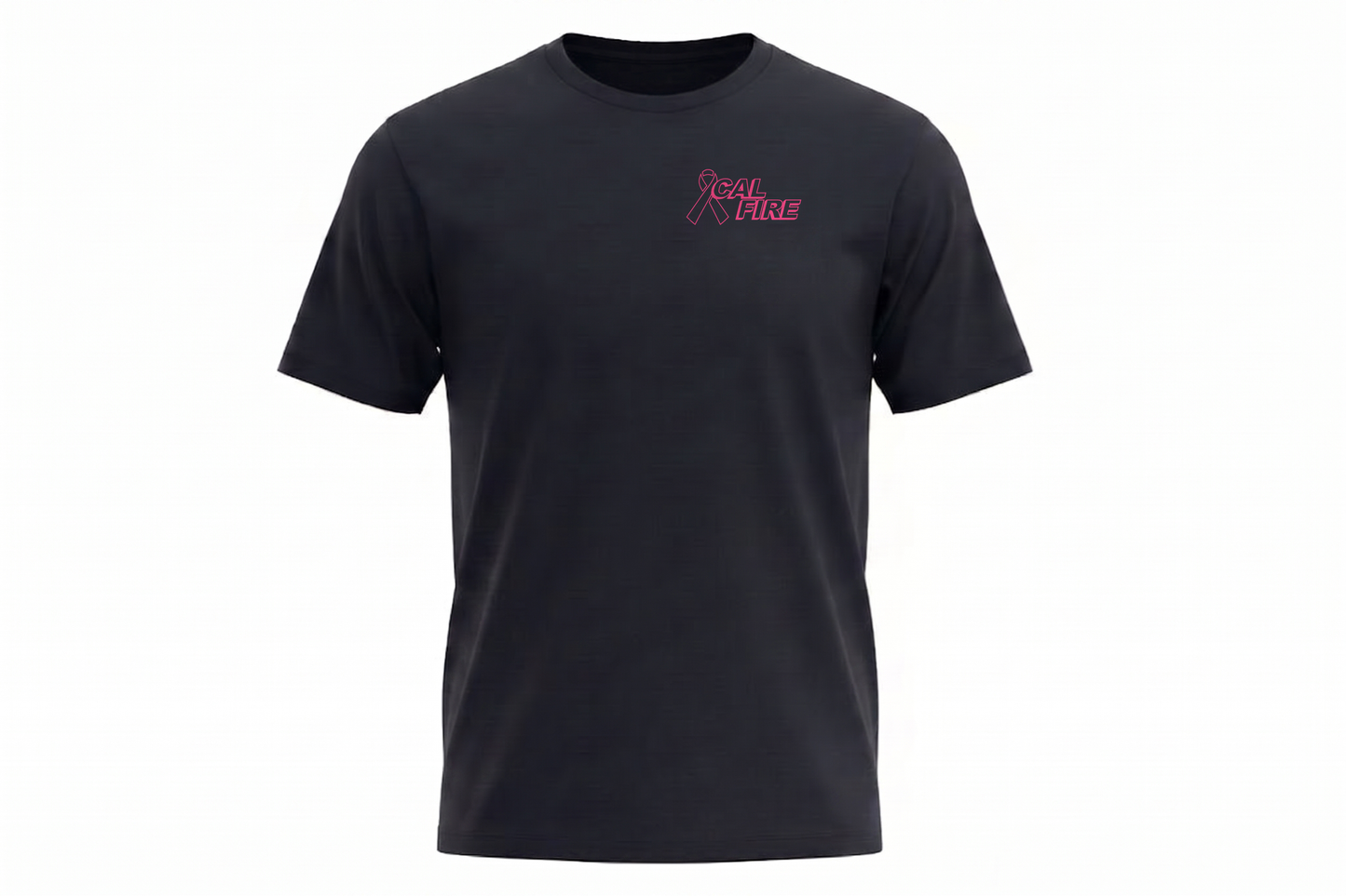 CAL FIRE Cares Premium Cotton Short Sleeve Shirt By First Tactical - navy, front view with the pink CAL FIRE Cares Enough to Wear Pink left-chest logo