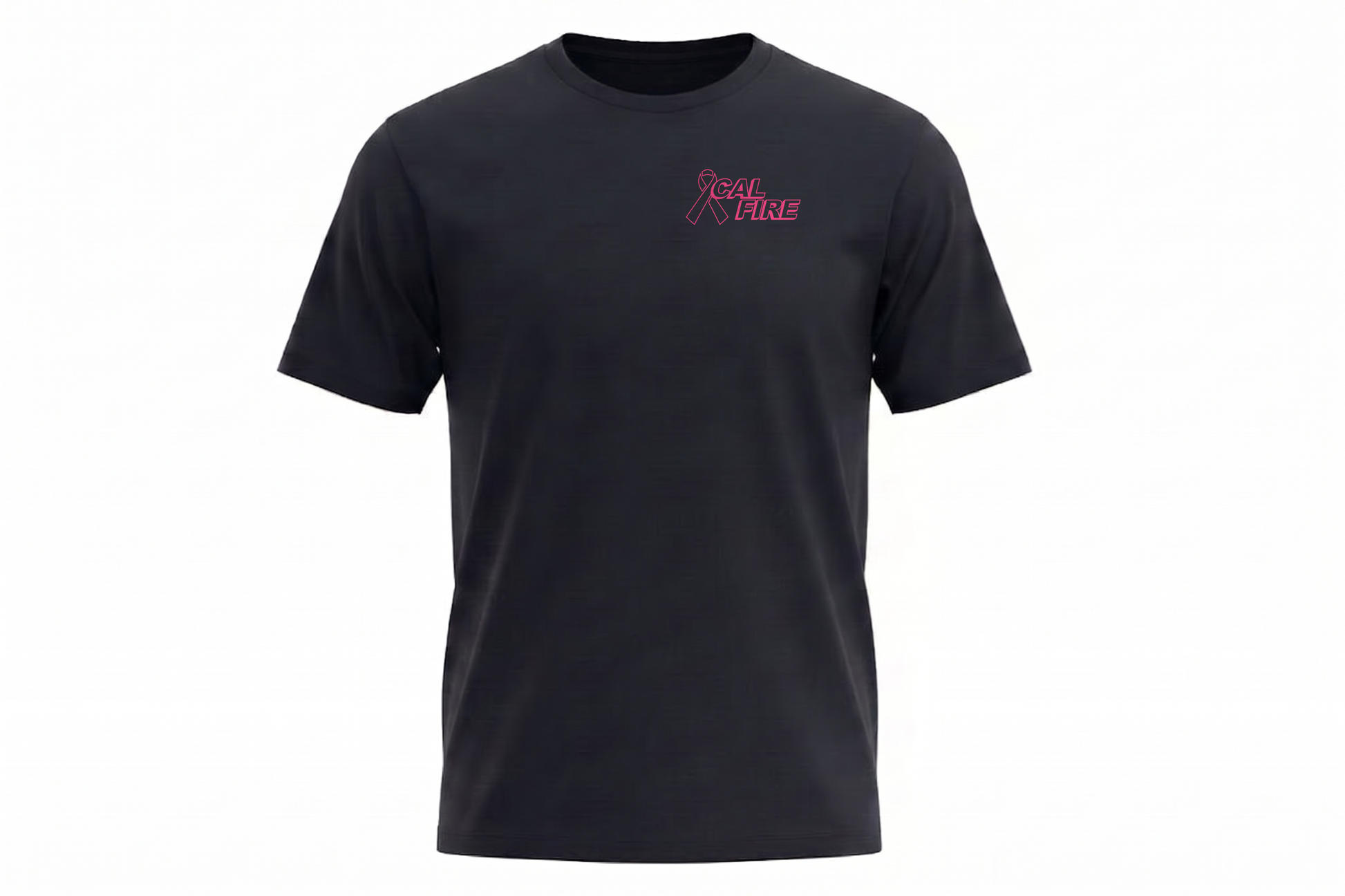 CAL FIRE Cares Premium Cotton Short Sleeve Shirt By First Tactical - navy, front view with the pink CAL FIRE Cares Enough to Wear Pink left-chest logo
