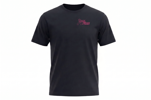 CAL FIRE Cares Premium Cotton Short Sleeve Shirt By First Tactical - navy, front view with the pink CAL FIRE Cares Enough to Wear Pink left-chest logo