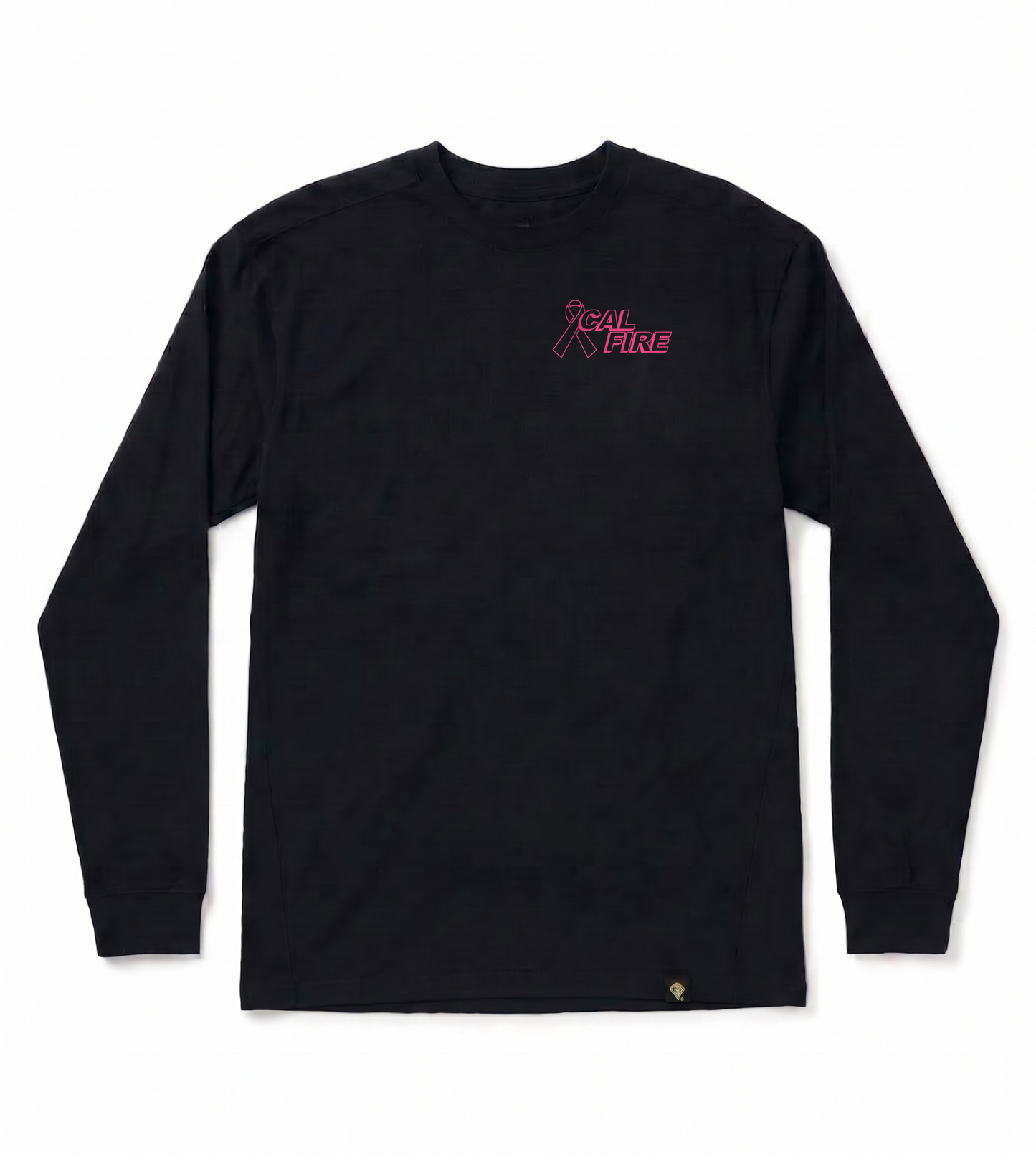 CAL FIRE Cares Premium Cotton Long Sleeve Shirt By First Tactical - navy, front view with the pink CAL FIRE Cares Enough to Wear Pink left-chest logo