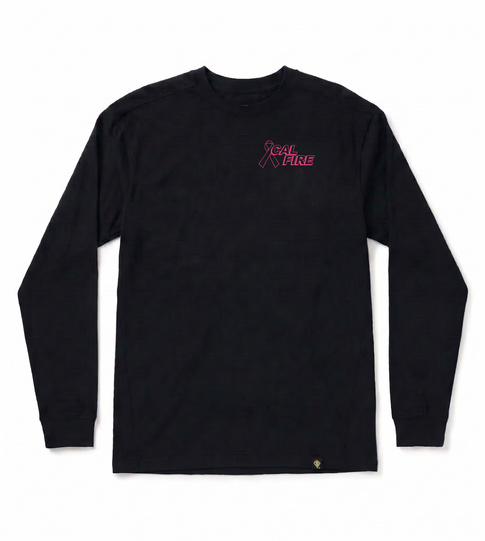 CAL FIRE Cares Premium Cotton Long Sleeve Shirt By First Tactical - navy, front view with the pink CAL FIRE Cares Enough to Wear Pink left-chest logo