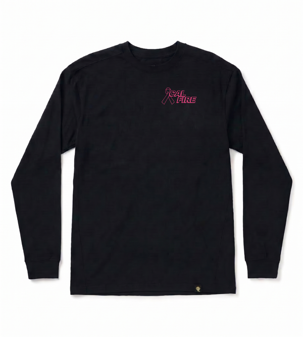CAL FIRE Cares Premium Cotton Long Sleeve Shirt By First Tactical - navy, front view with the pink CAL FIRE Cares Enough to Wear Pink left-chest logo