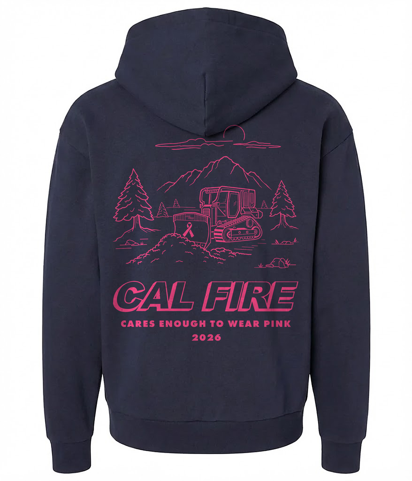 CAL FIRE Cares Heavyweight Sweatshirt by Independent - navy, back view with the full pink CAL FIRE Cares Enough to Wear Pink 2026 dozer design