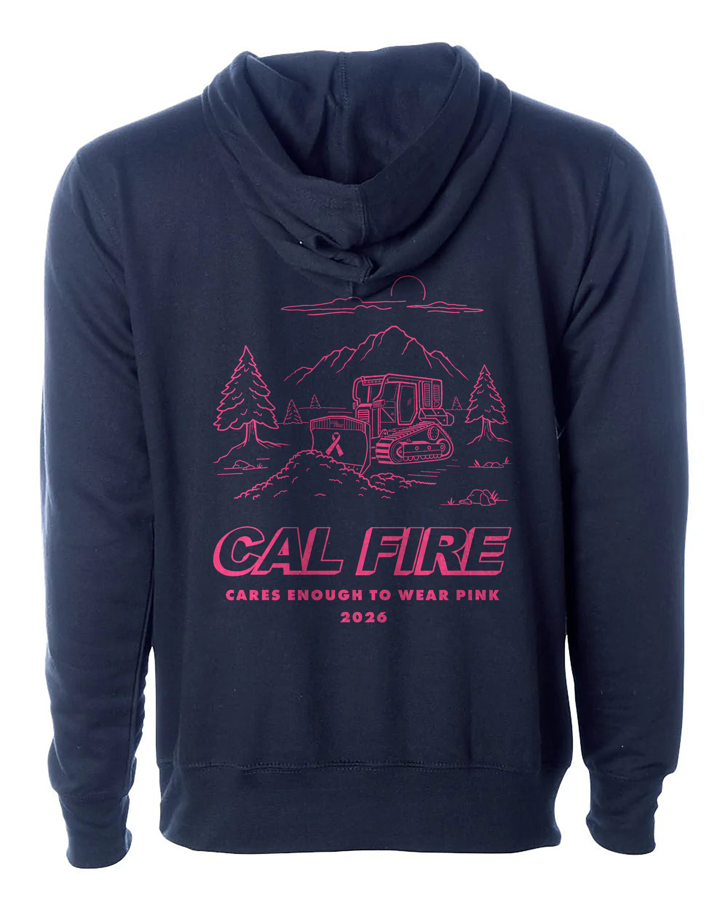 CAL FIRE Cares Midweight Sweatshirt by Independent - navy, back view with the full pink CAL FIRE Cares Enough to Wear Pink 2026 dozer design