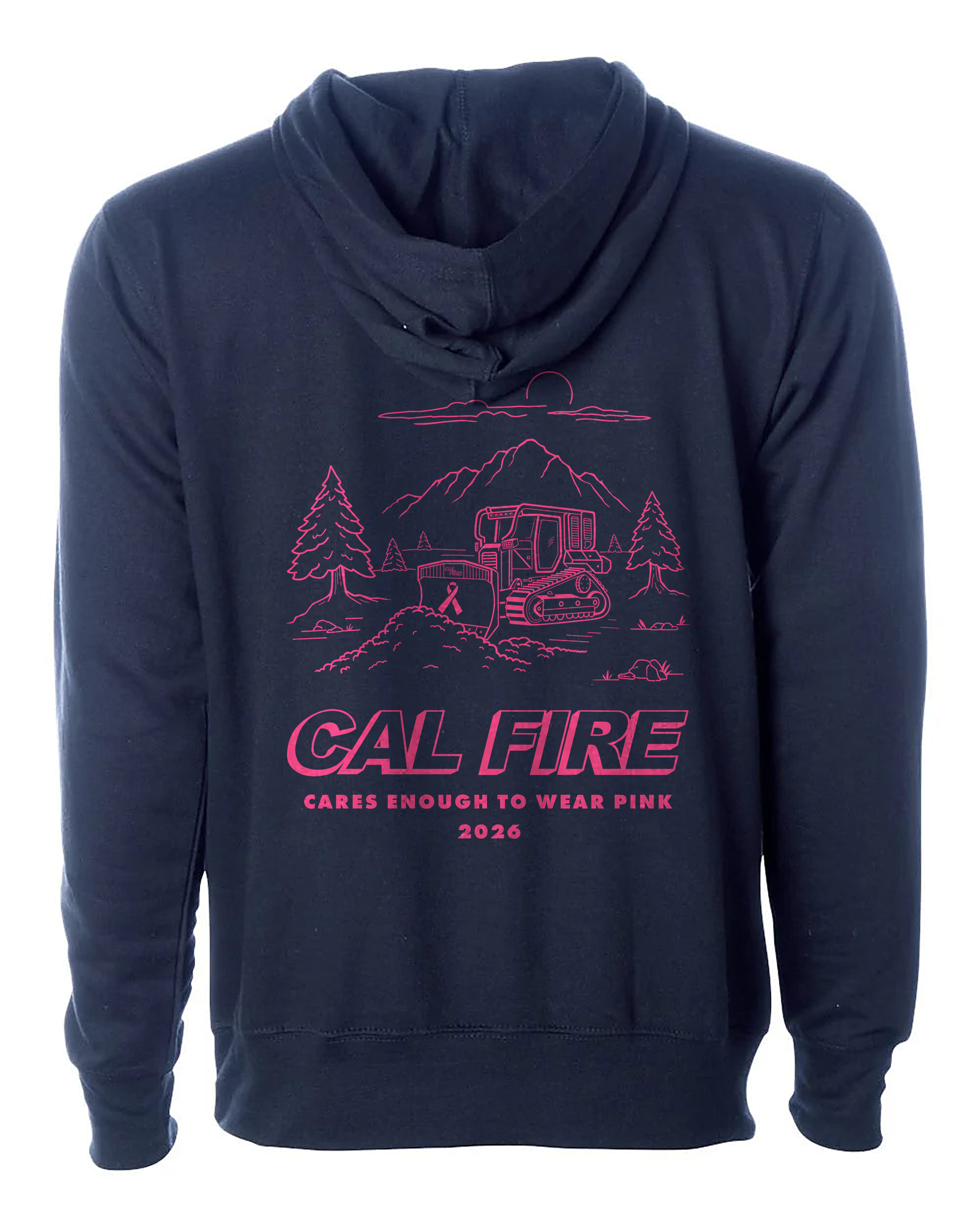 CAL FIRE Cares Midweight Sweatshirt by Independent - navy, back view with the full pink CAL FIRE Cares Enough to Wear Pink 2026 dozer design