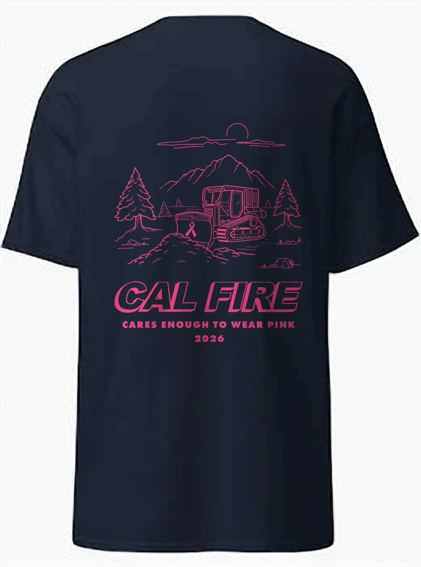 CAL FIRE Cares Heavyweight Short Sleeve Shirt By Pro Club - navy, back view with the full pink CAL FIRE Cares Enough to Wear Pink 2026 dozer design