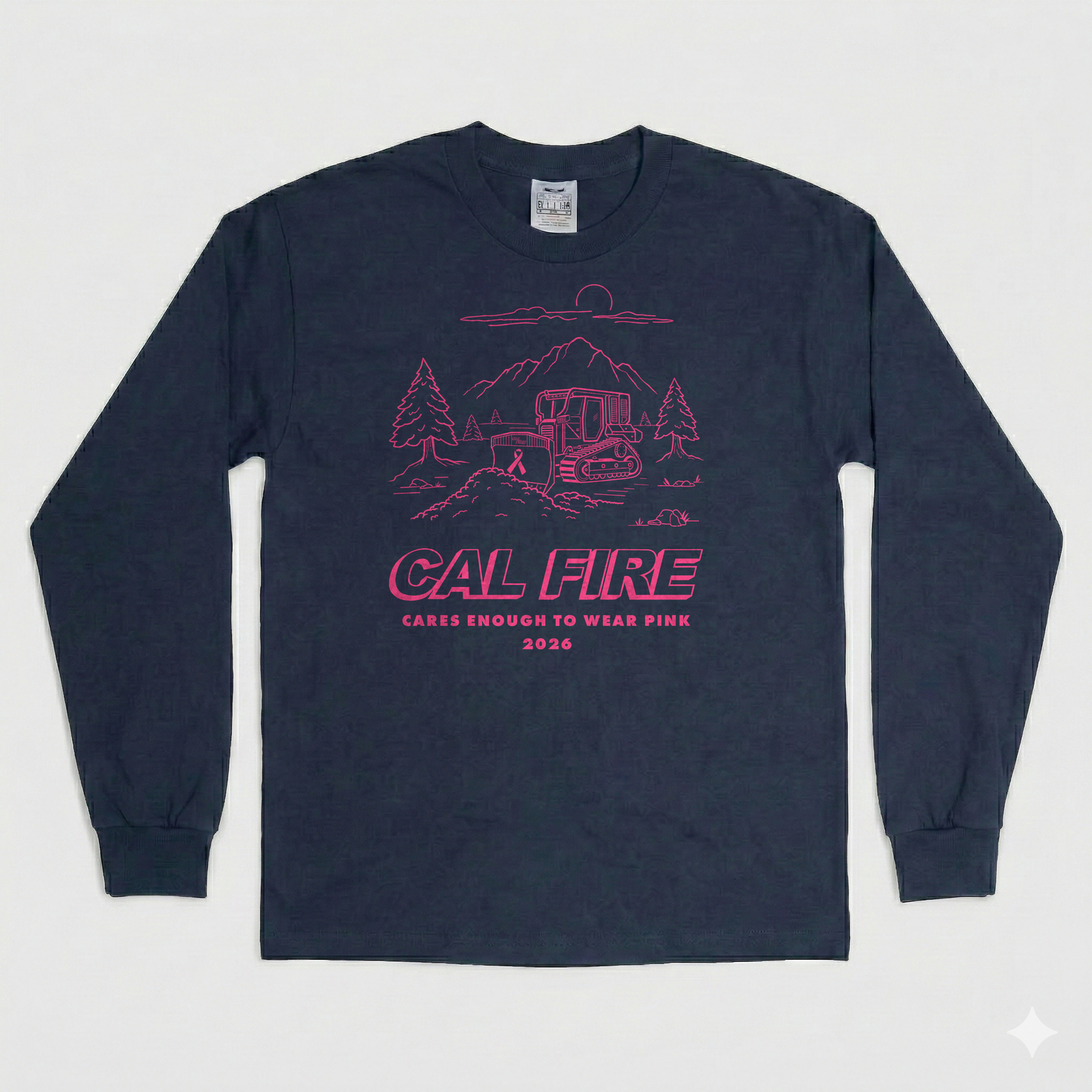 CAL FIRE Cares Heavyweight Long Sleeve Shirt By Pro Club - navy, back view with the full pink CAL FIRE Cares Enough to Wear Pink 2026 dozer design