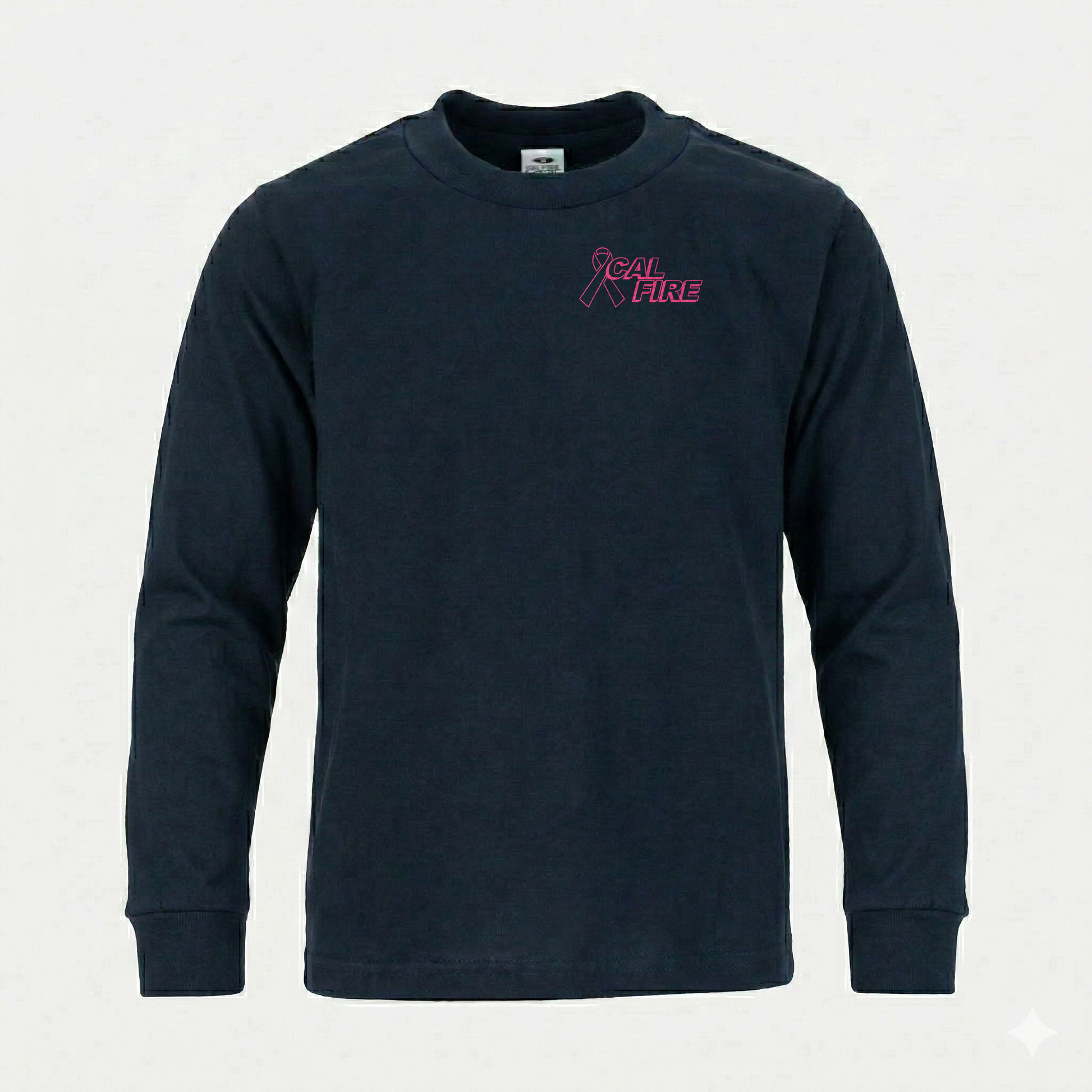 CAL FIRE Cares Heavyweight Long Sleeve Shirt By Pro Club - navy, front view with the pink CAL FIRE Cares Enough to Wear Pink left-chest logo