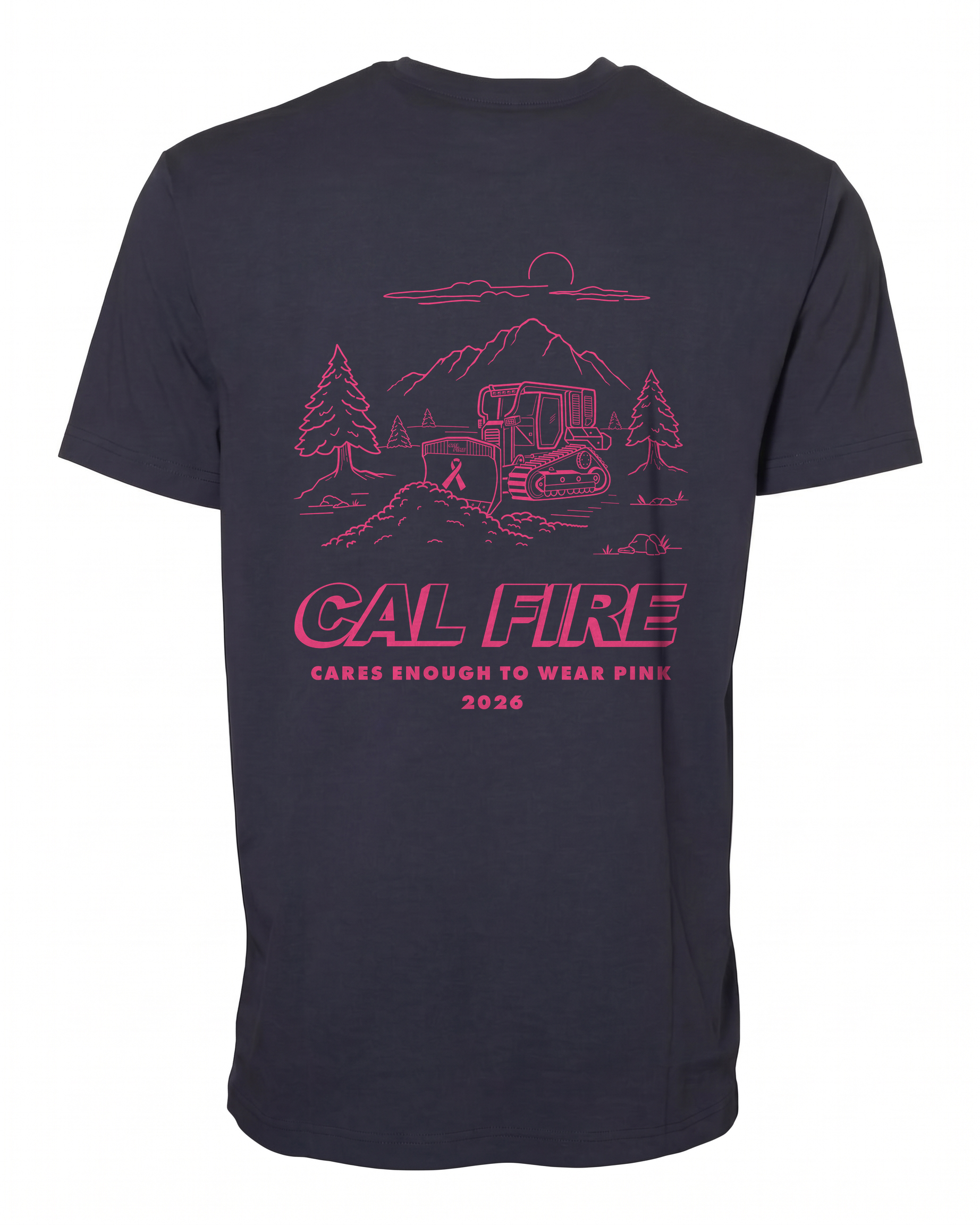 CAL FIRE Cares Lightweight Short Sleeve Shirt By Independent - navy, back view with the full pink CAL FIRE Cares Enough to Wear Pink 2026 dozer design