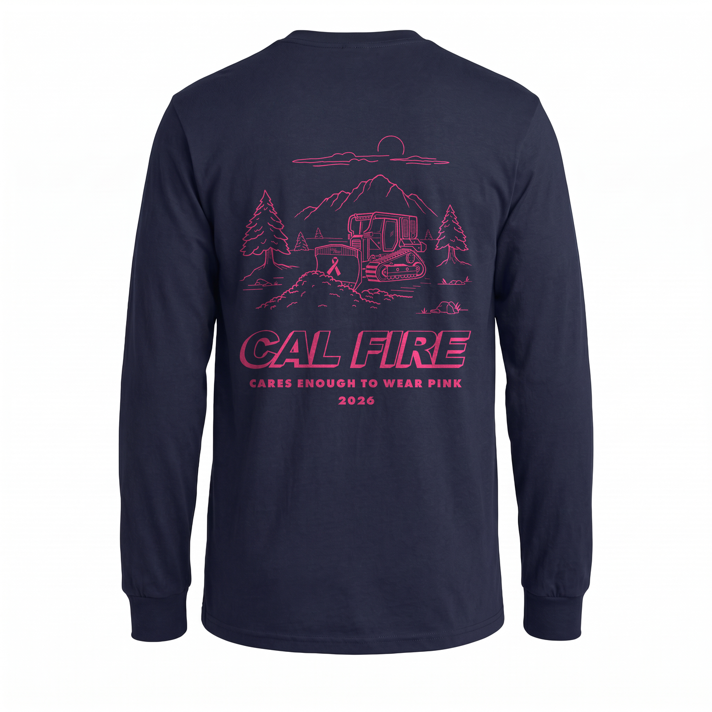 CAL FIRE Cares Lightweight Long Sleeve Shirt By Independent - navy, back view with the full pink CAL FIRE Cares Enough to Wear Pink 2026 dozer design