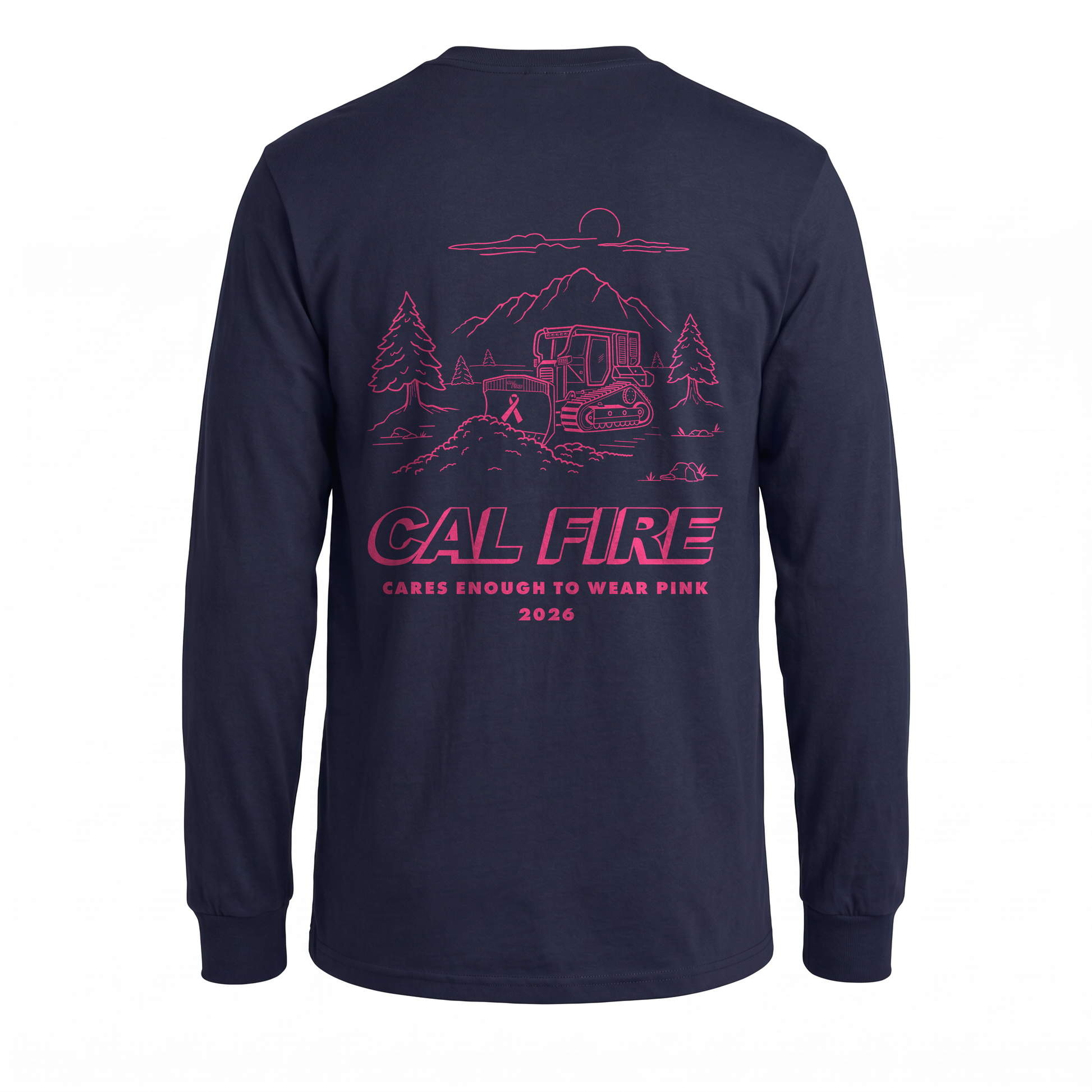 CAL FIRE Cares Lightweight Long Sleeve Shirt By Independent - navy, back view with the full pink CAL FIRE Cares Enough to Wear Pink 2026 dozer design