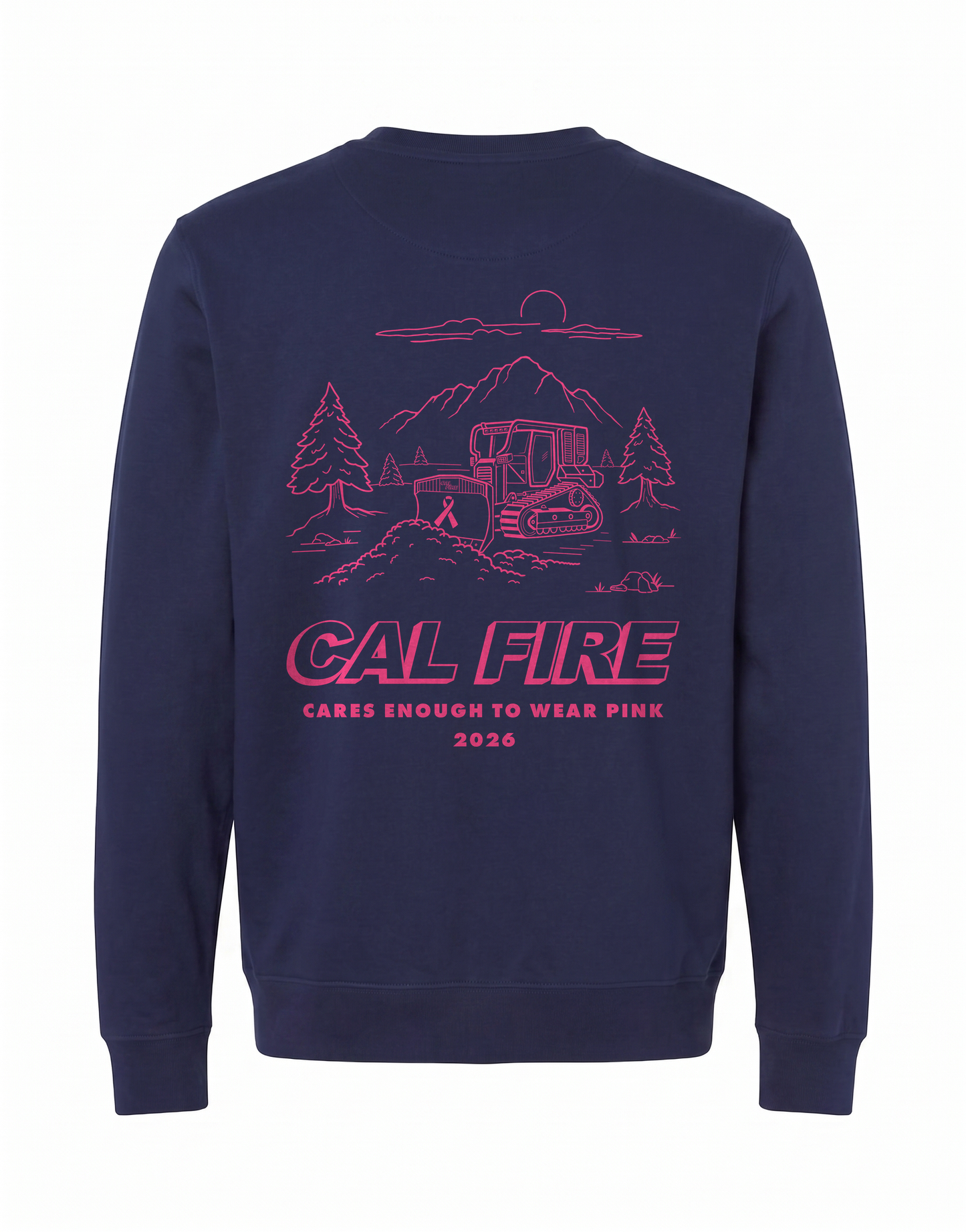 CAL FIRE Cares Crew Neck Sweatshirt by Independent - navy, back view with the full pink CAL FIRE Cares Enough to Wear Pink 2026 dozer design