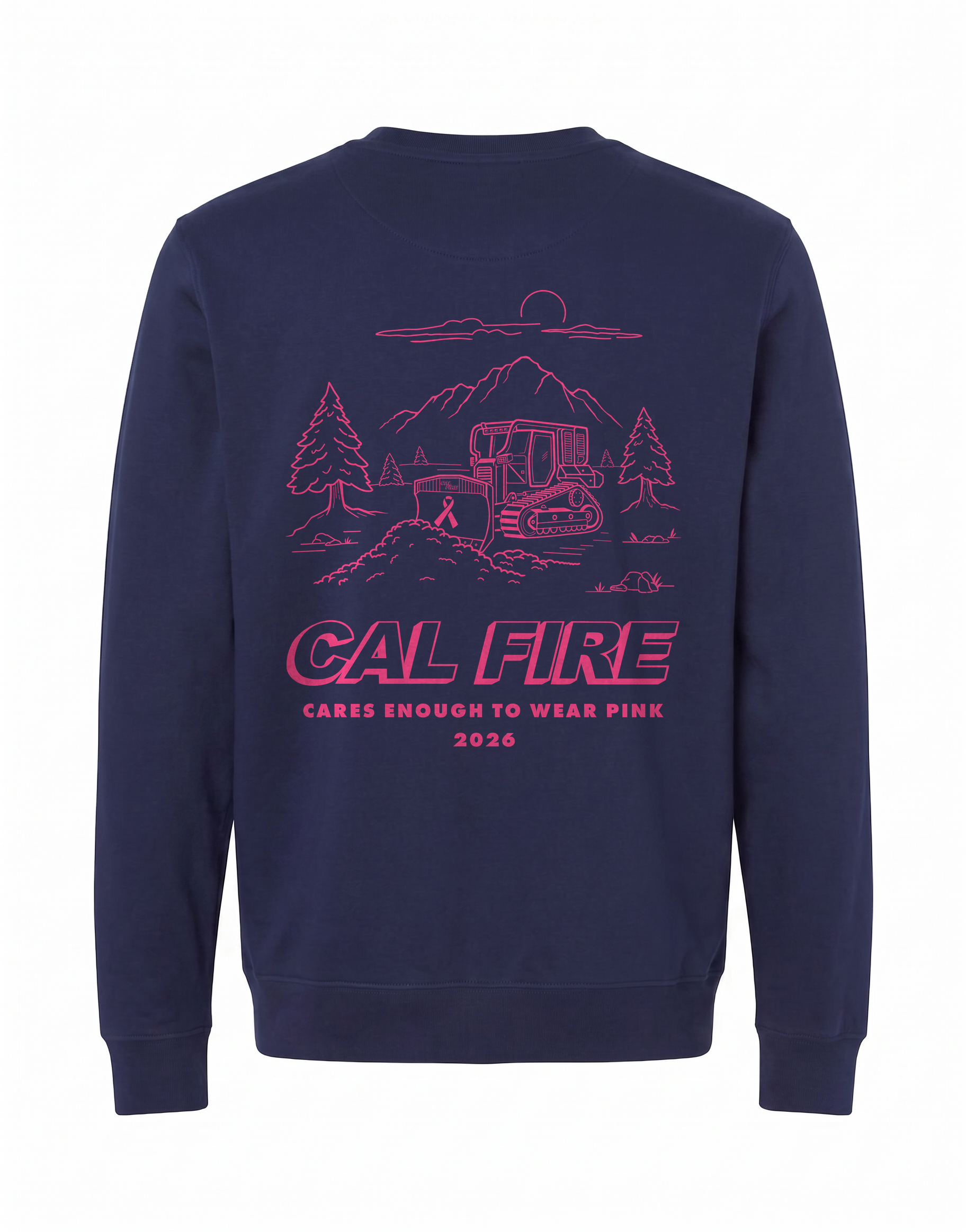 CAL FIRE Cares Crew Neck Sweatshirt by Independent - navy, back view with the full pink CAL FIRE Cares Enough to Wear Pink 2026 dozer design