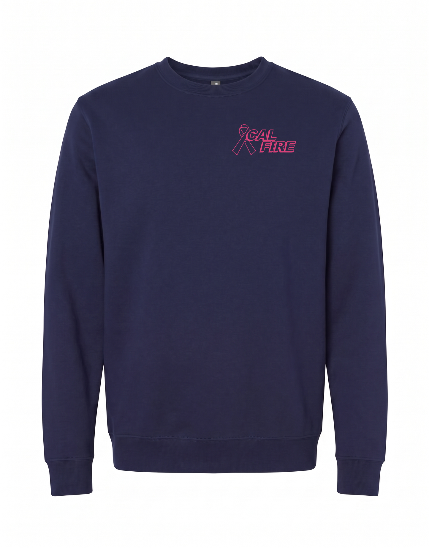 CAL FIRE Cares Crew Neck Sweatshirt by Independent - navy, front view with the pink CAL FIRE Cares Enough to Wear Pink left-chest logo