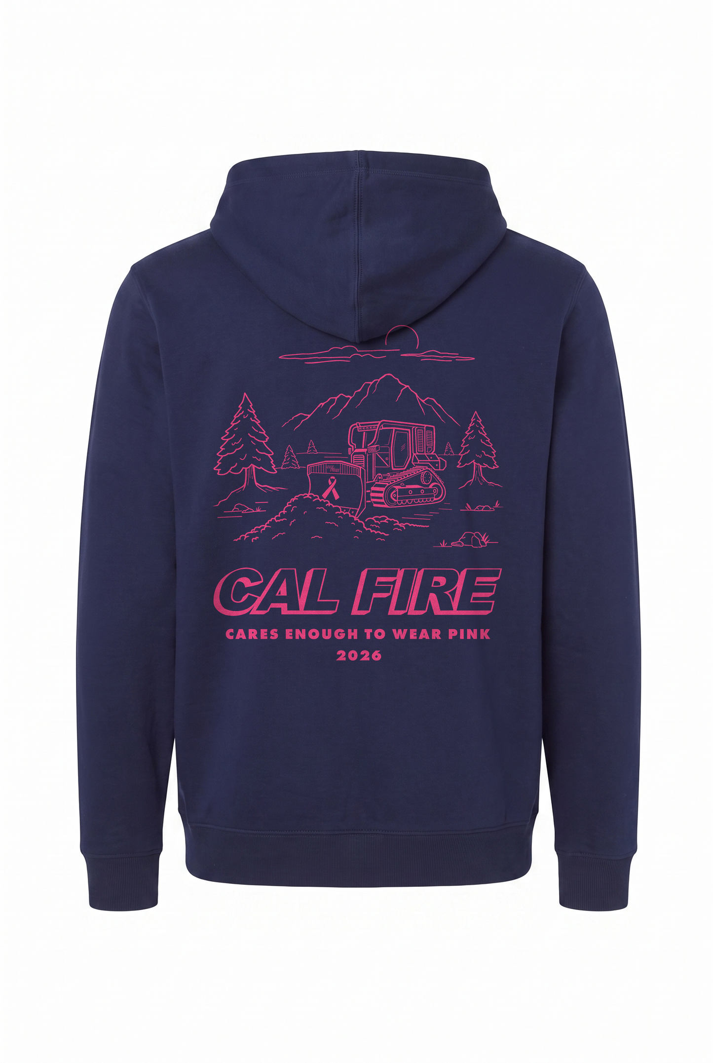 CAL FIRE Cares Heavyweight Full-Zip Hoodie by Independent - navy, back view with the full pink CAL FIRE Cares Enough to Wear Pink 2026 dozer design