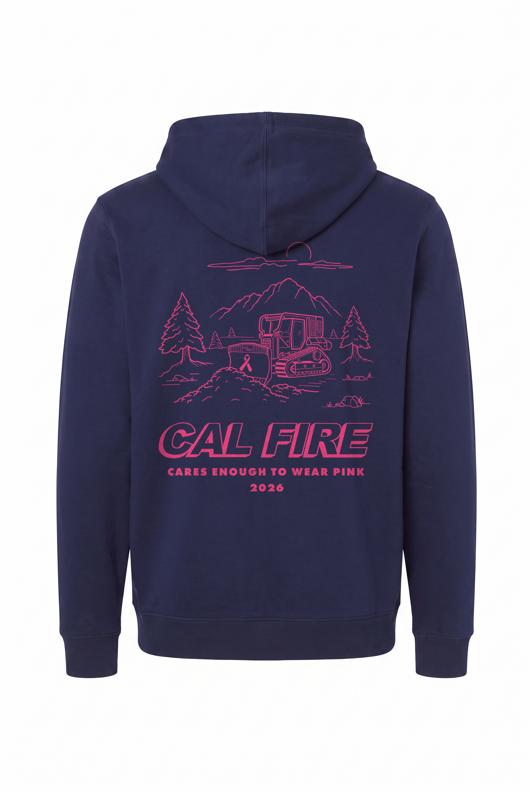 CAL FIRE Cares Heavyweight Full-Zip Hoodie by Independent - navy, back view with the full pink CAL FIRE Cares Enough to Wear Pink 2026 dozer design