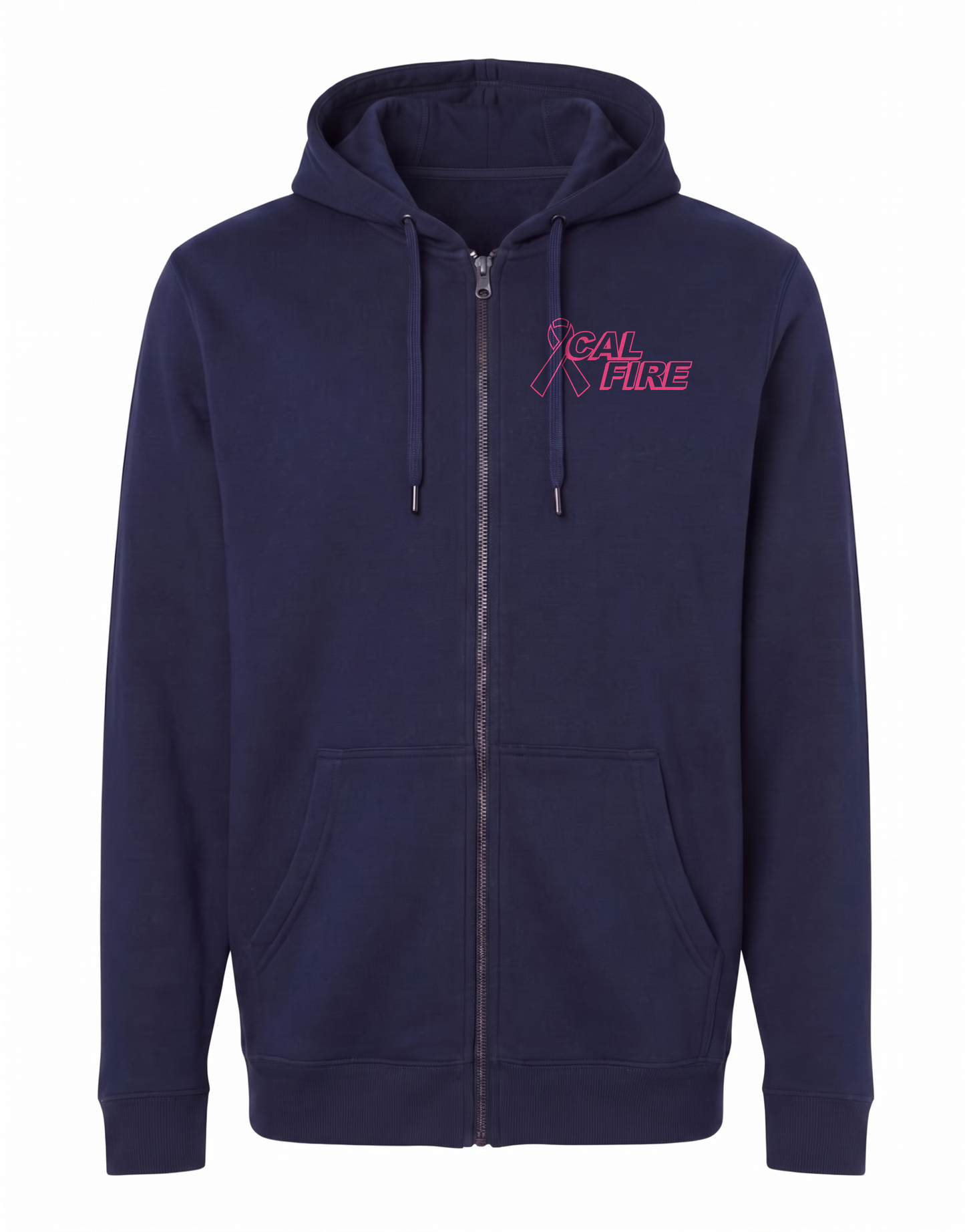 CAL FIRE Cares Heavyweight Full-Zip Hoodie by Independent - navy, front view with the pink CAL FIRE Cares Enough to Wear Pink left-chest logo