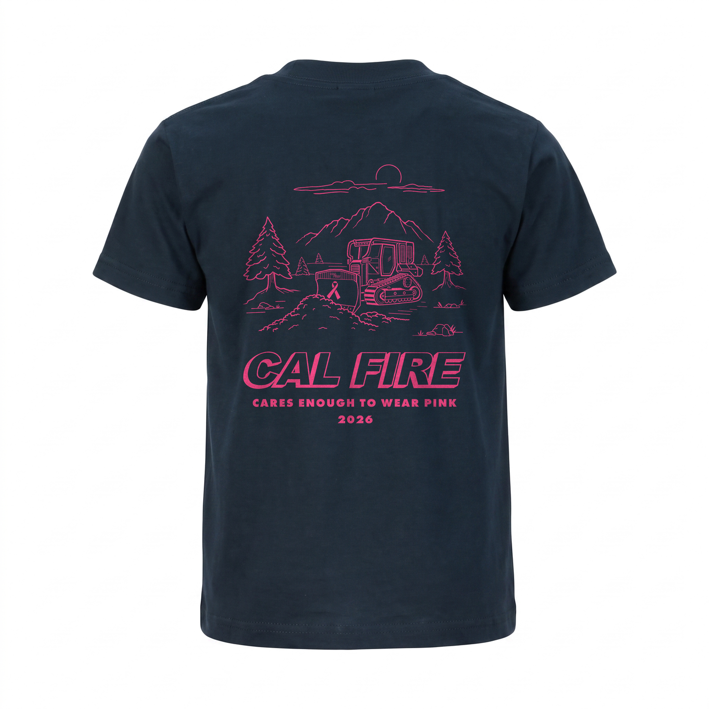 CAL FIRE Cares Comfort Short Sleeve Shirt By Pro Club - navy, back view with the full pink CAL FIRE Cares Enough to Wear Pink 2026 dozer design
