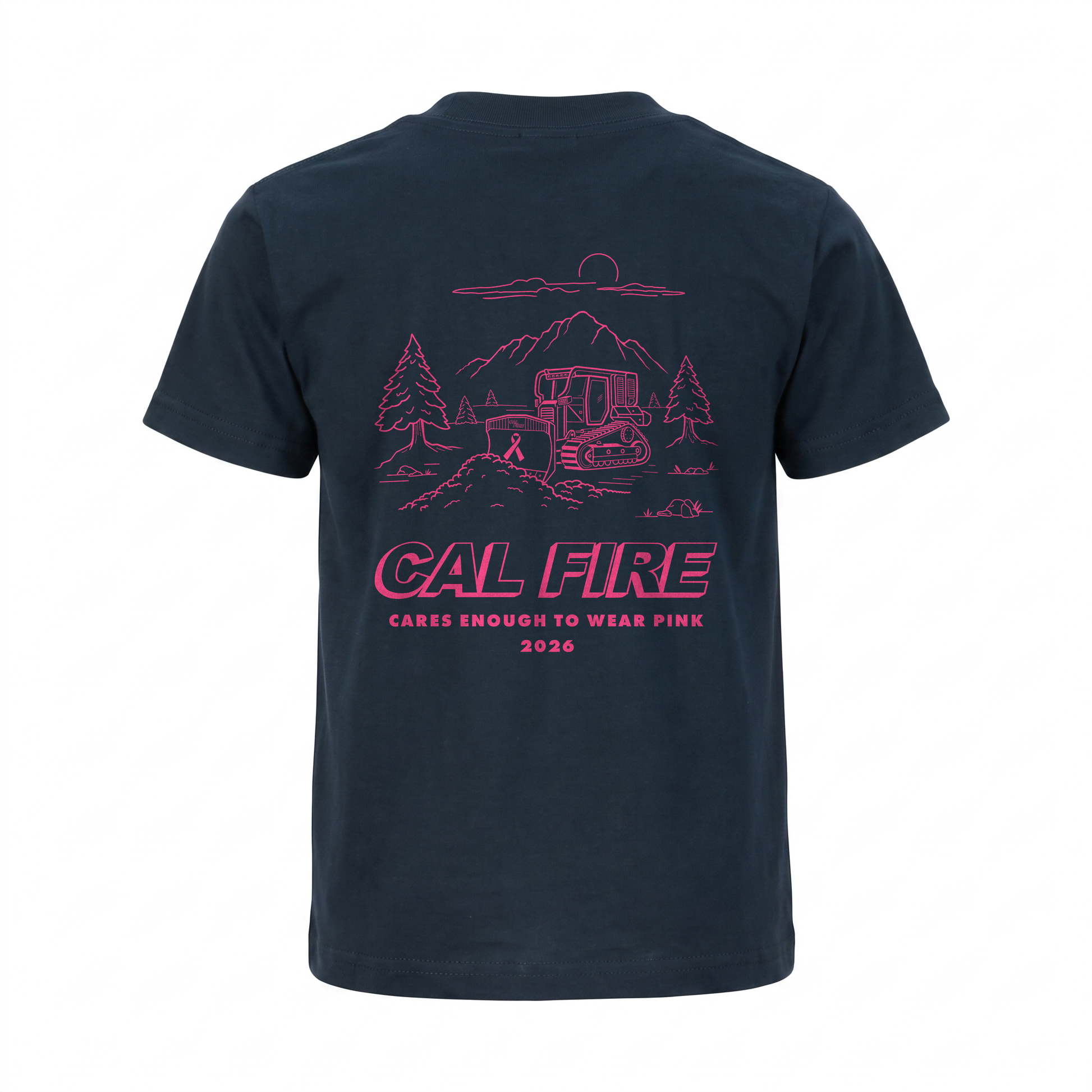 CAL FIRE Cares Comfort Short Sleeve Shirt By Pro Club - navy, back view with the full pink CAL FIRE Cares Enough to Wear Pink 2026 dozer design