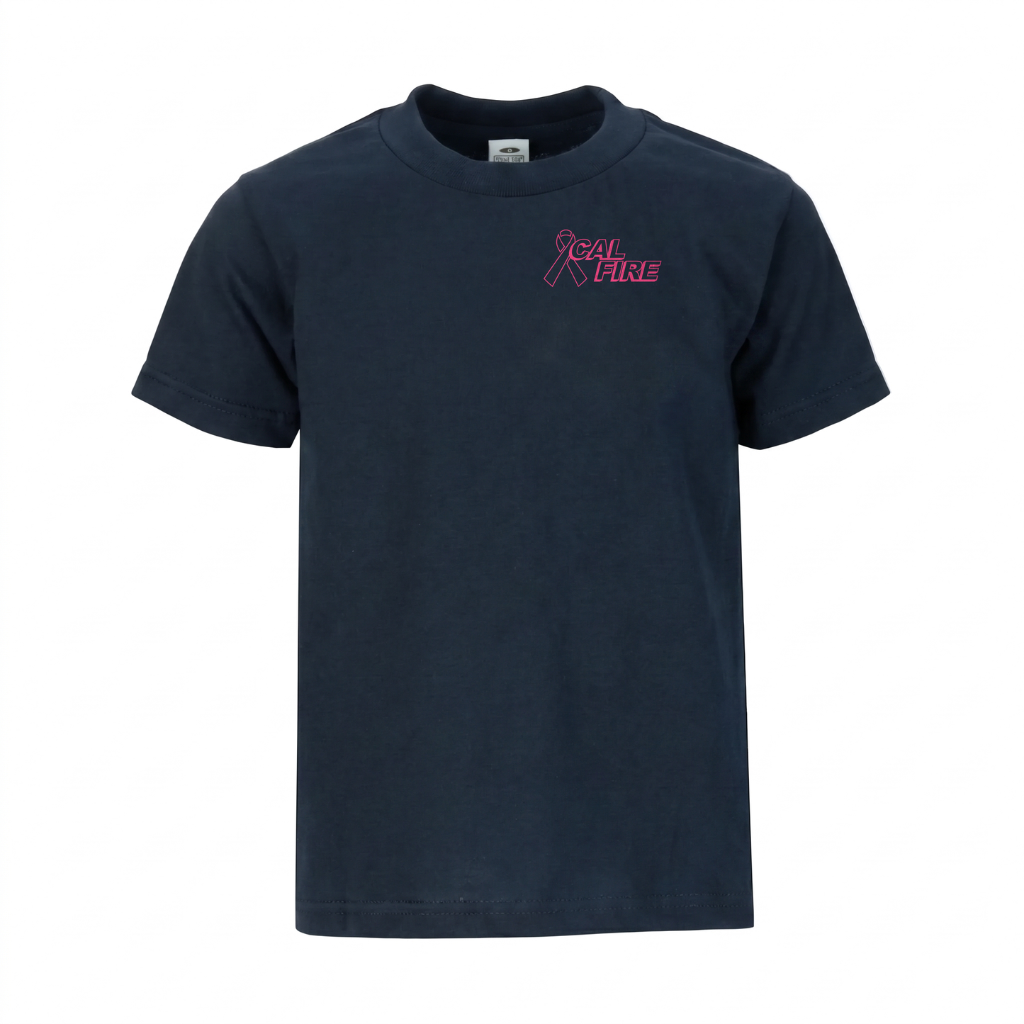 CAL FIRE Cares Comfort Short Sleeve Shirt By Pro Club - navy, front view with the pink CAL FIRE Cares Enough to Wear Pink left-chest logo