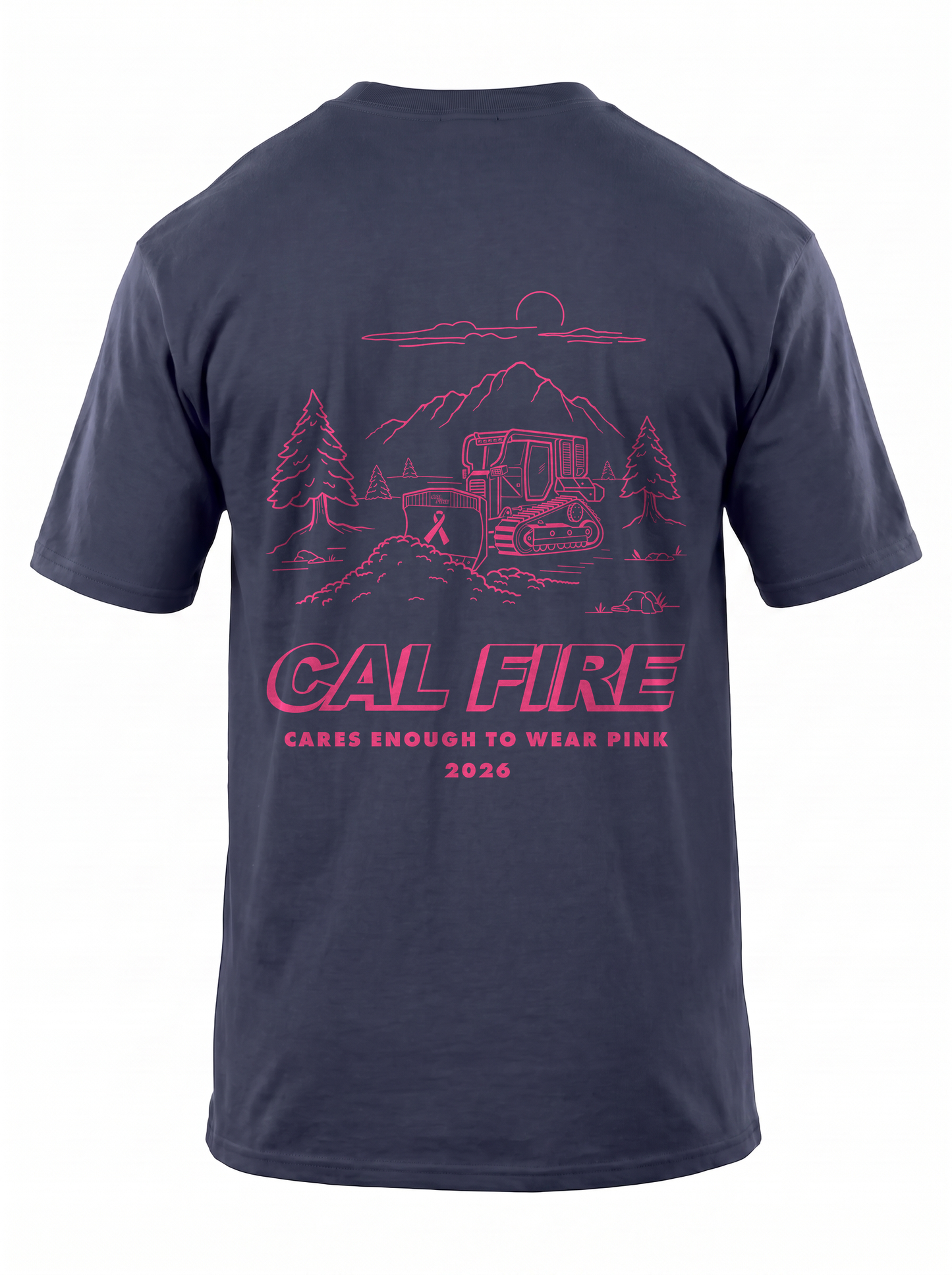 CAL FIRE Cares 5.11 Moisture Wicking Cotton Short Sleeve - navy, back view with the full pink CAL FIRE Cares Enough to Wear Pink 2026 dozer design