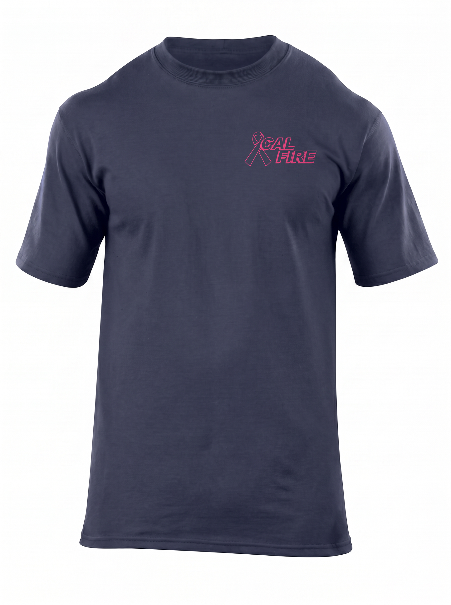 CAL FIRE Cares 5.11 Moisture Wicking Cotton Short Sleeve - navy, front view with the pink CAL FIRE Cares Enough to Wear Pink left-chest logo