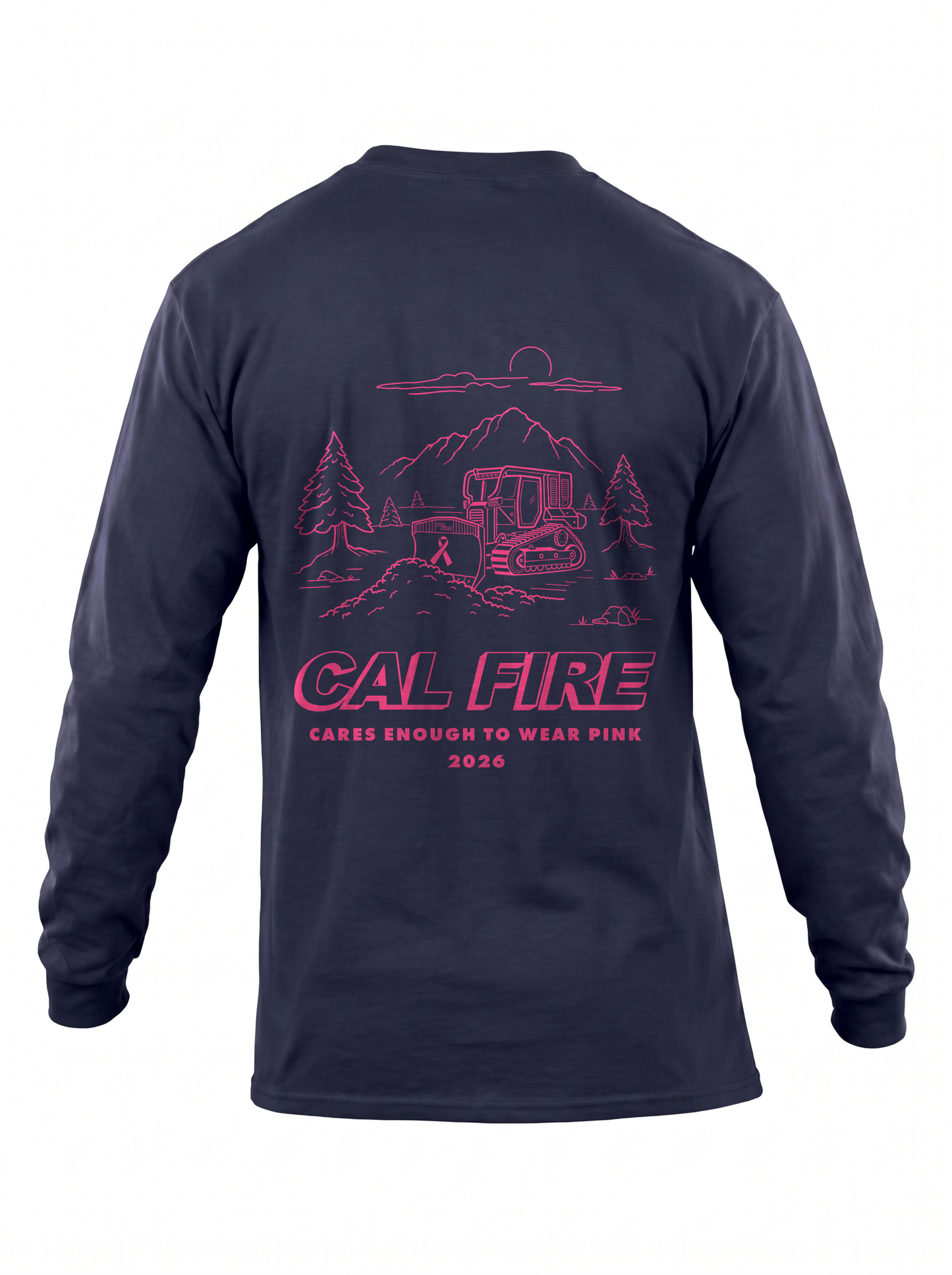 CAL FIRE Cares 5.11 Moisture Wicking Cotton Long Sleeve - navy, back view with the full pink CAL FIRE Cares Enough to Wear Pink 2026 dozer design