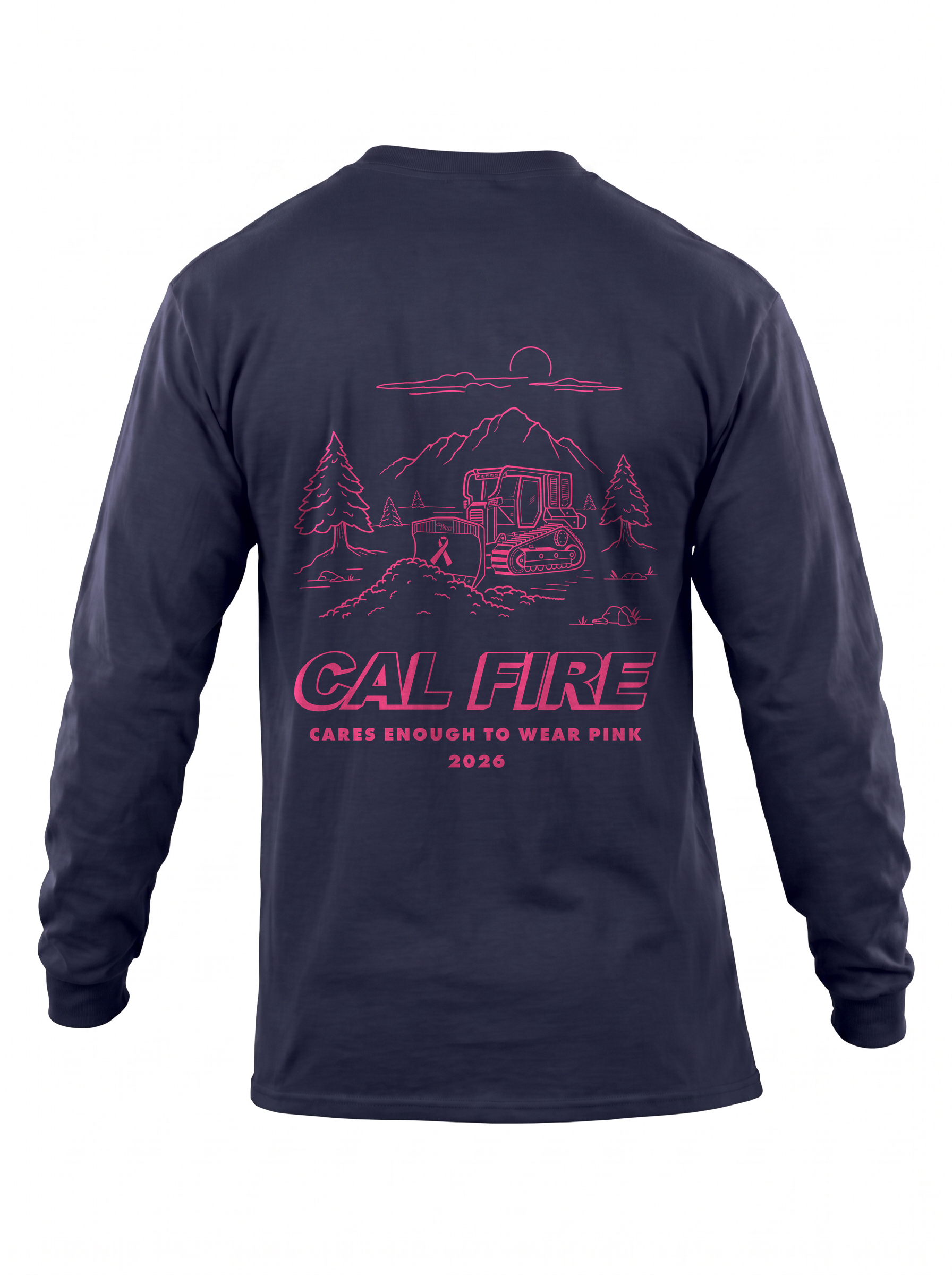 CAL FIRE Cares 5.11 Moisture Wicking Cotton Long Sleeve - navy, back view with the full pink CAL FIRE Cares Enough to Wear Pink 2026 dozer design