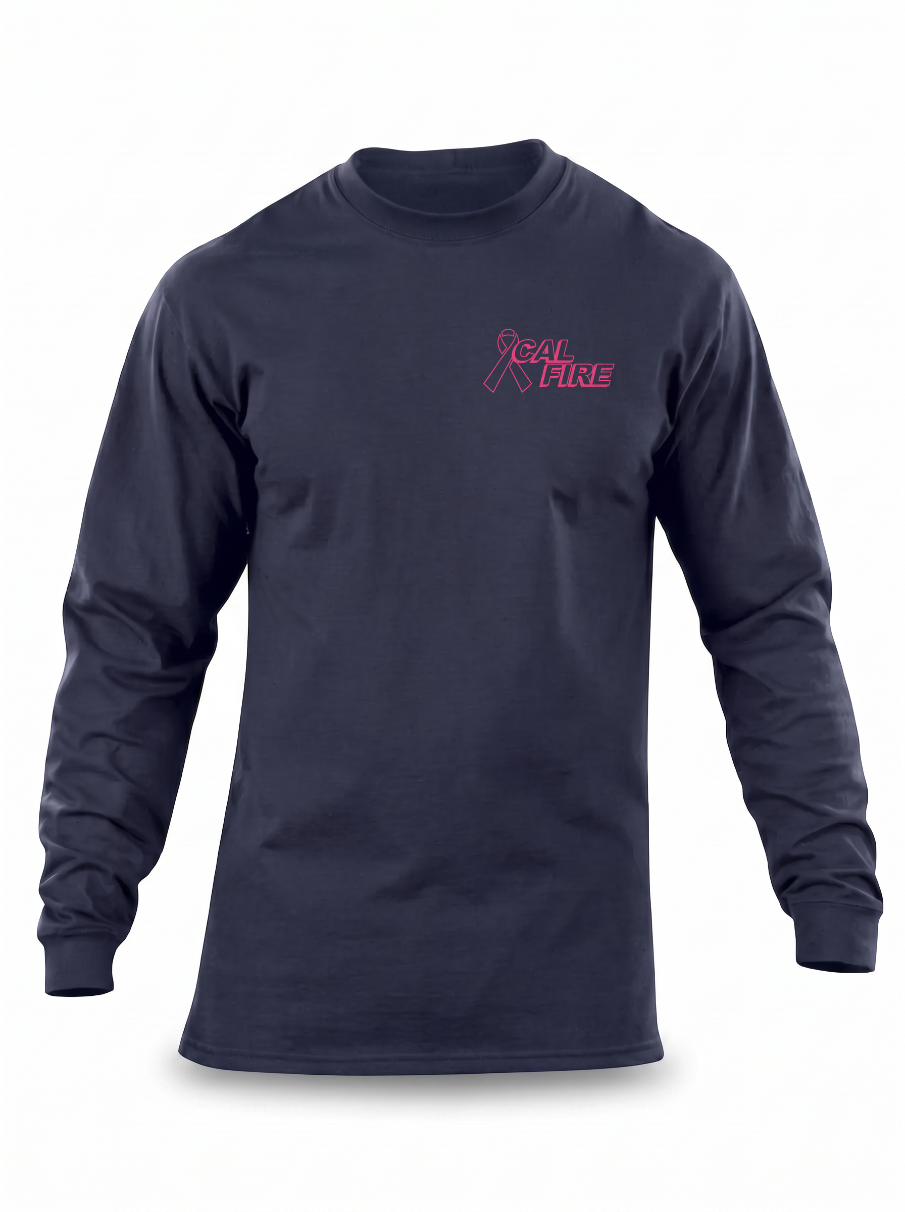 CAL FIRE Cares 5.11 Moisture Wicking Cotton Long Sleeve - navy, front view with the pink CAL FIRE Cares Enough to Wear Pink left-chest logo
