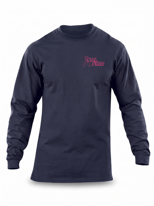 CAL FIRE Cares 5.11 Moisture Wicking Cotton Long Sleeve - navy, front view with the pink CAL FIRE Cares Enough to Wear Pink left-chest logo