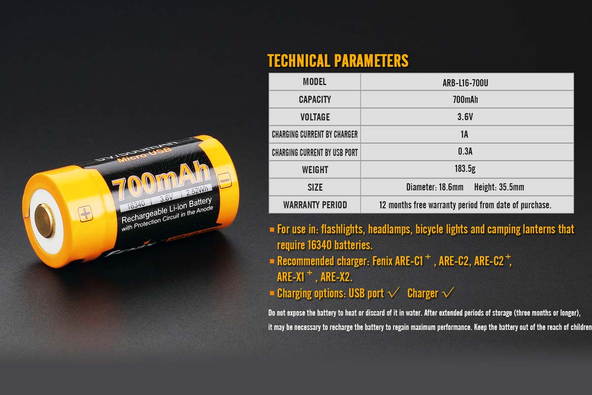 Fenix ARB-L16-700U Built-in USB Rechargeable Battery- DSICONTINUED