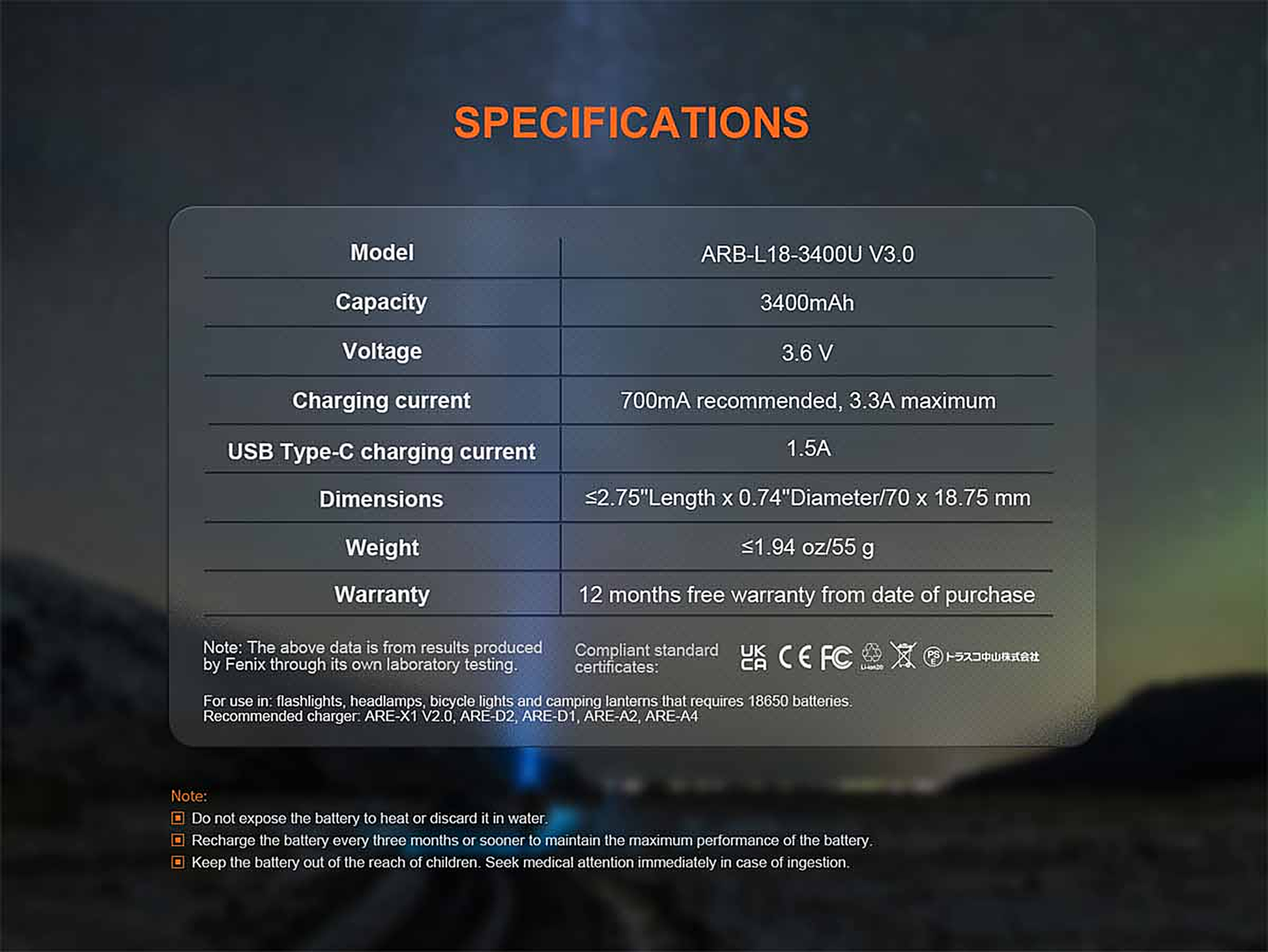 ARB-L18-3400U V3.0 Built-in USB Rechargeable Battery