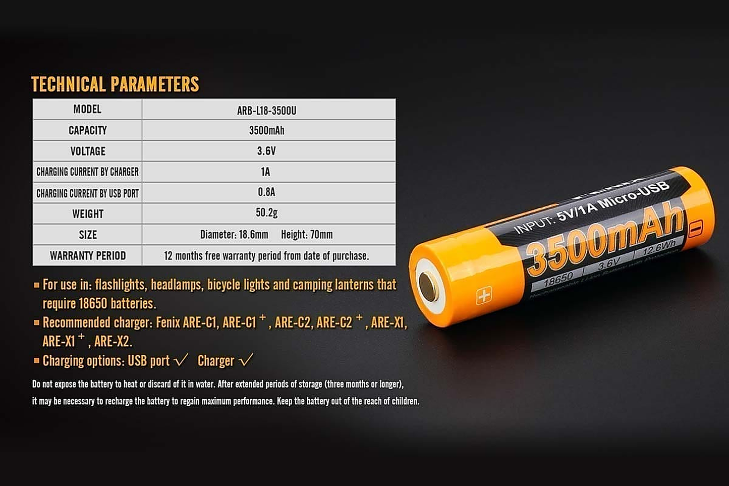 ARB-L18-3500U Built-in USB Rechargeable Battery