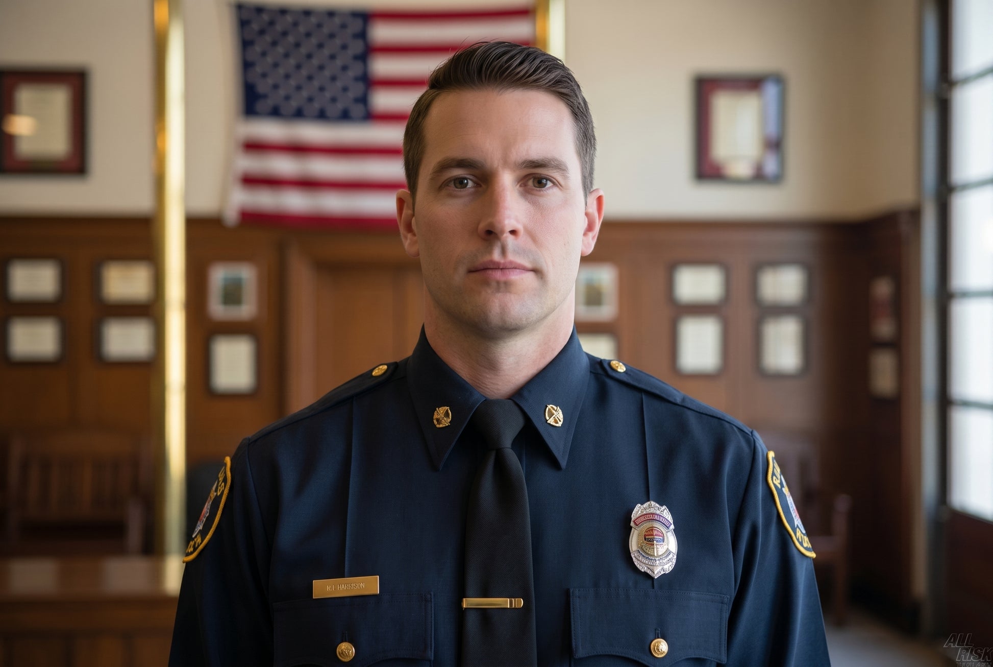 Firefighter wearing black clip-on tie with Class A uniform shirt showing professional appearance