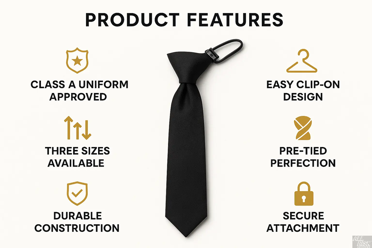 Black clip-on tie features - Class A approved, three sizes, easy attachment, pre-tied