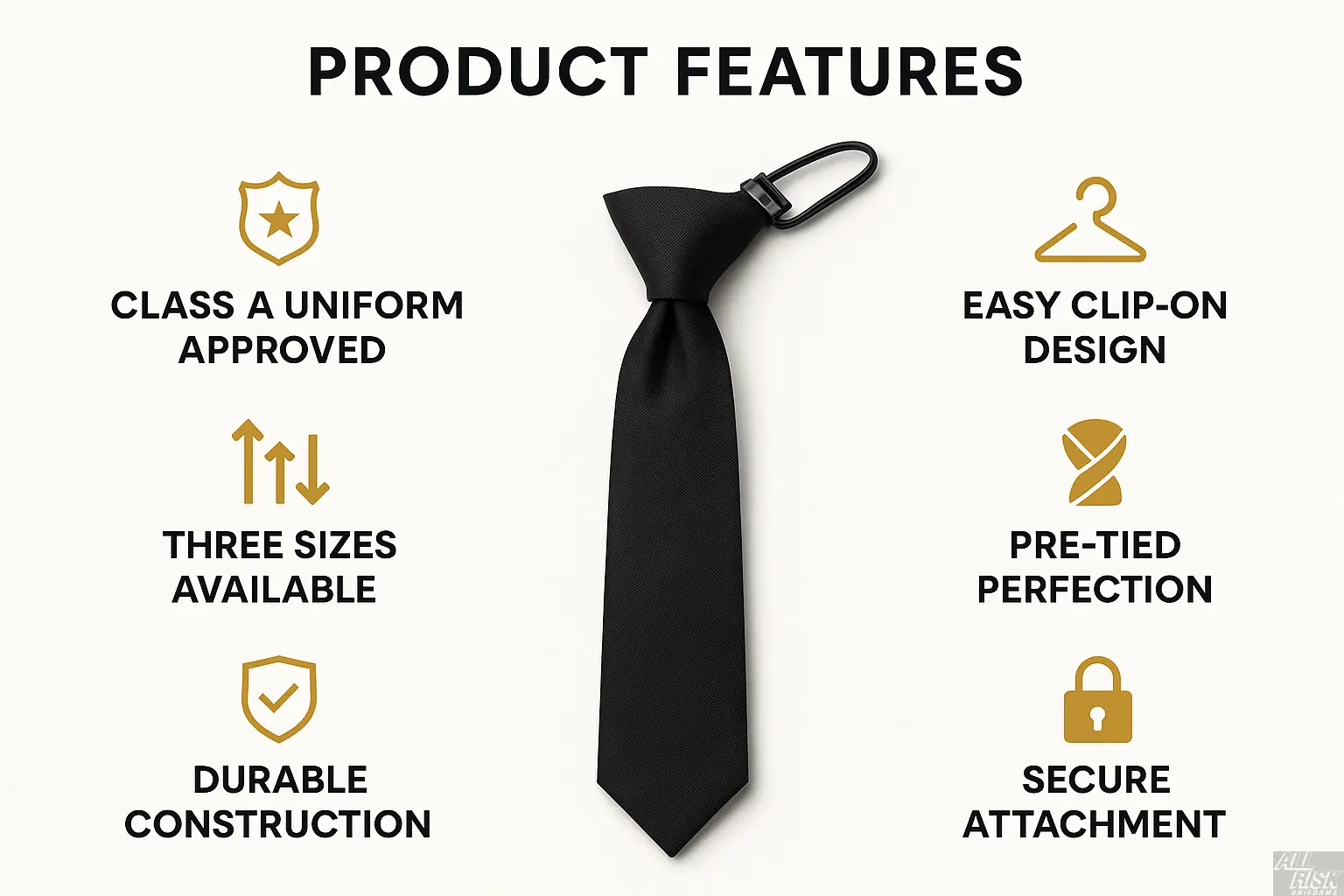 Black clip-on tie features - Class A approved, three sizes, easy attachment, pre-tied